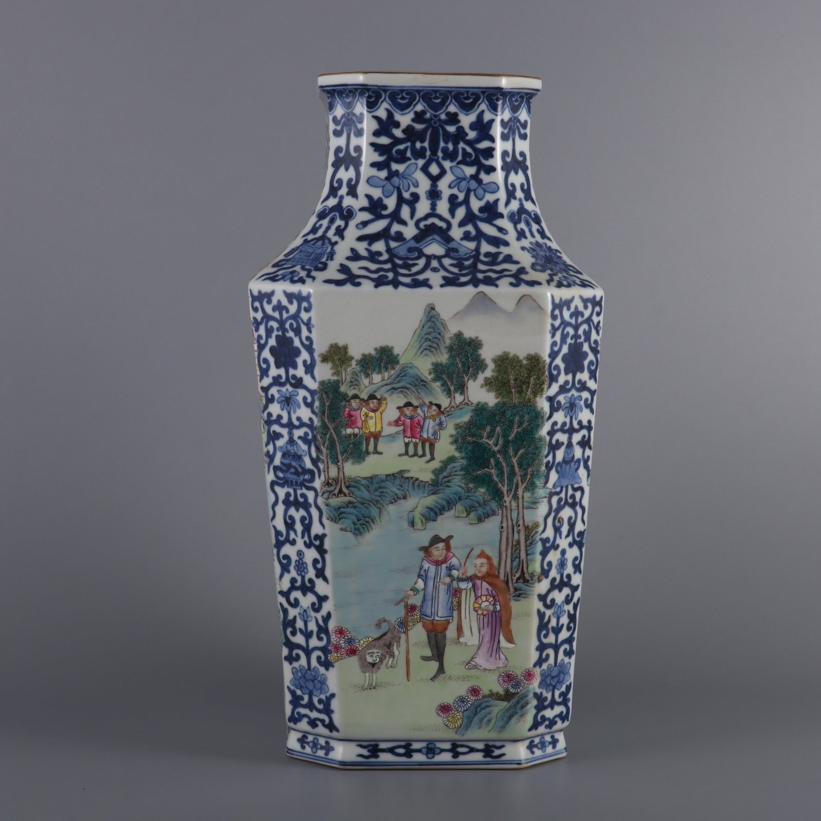 A Rare Blue and White Famille-Rose Character and Story Pattern Vase: A Rare Blue and White Famille-Rose Character and Story Pattern Vase,Qing Dynasty,China,Qianlong Six-character Mark,Size:12.9inx6.5in 青花粉彩人物故事