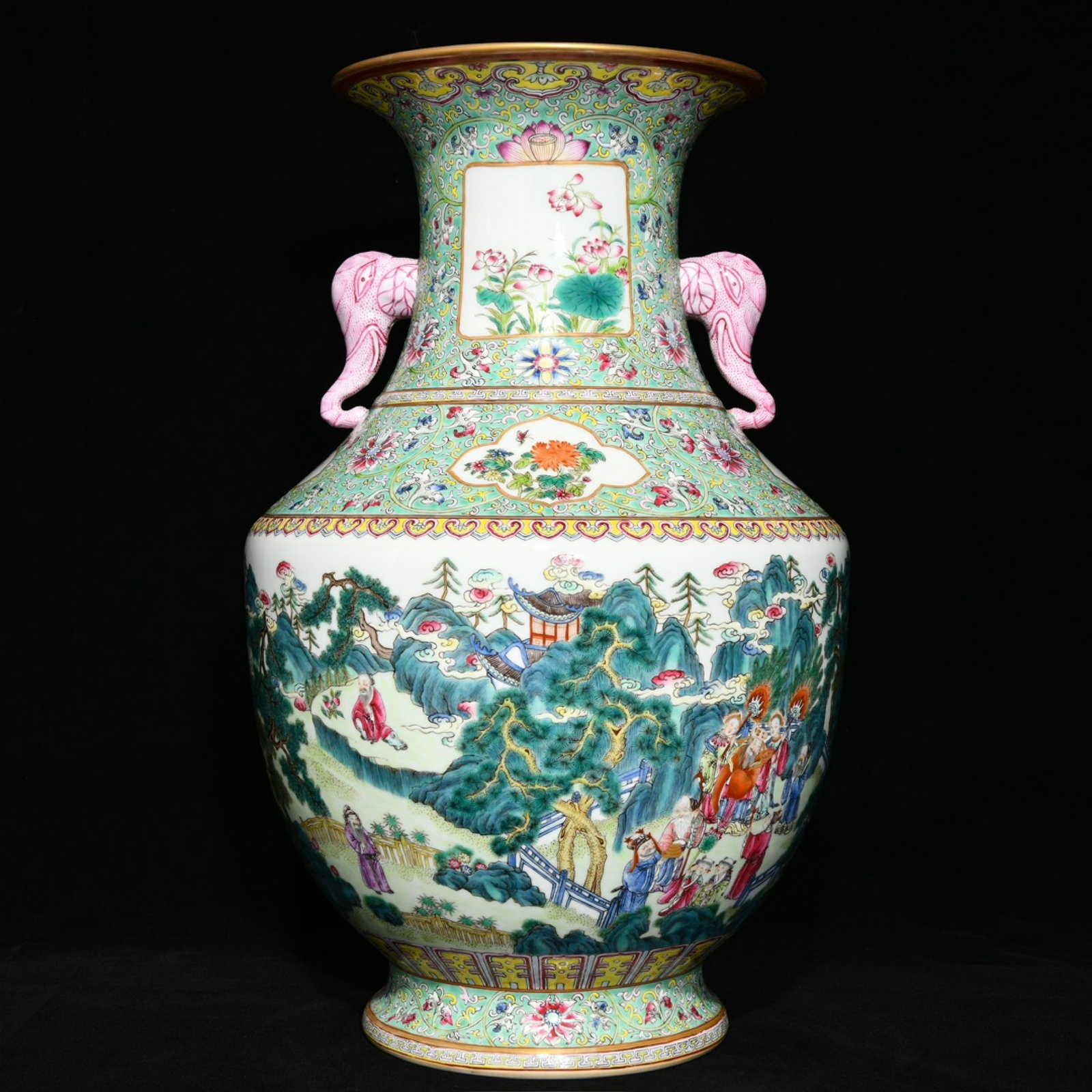 A Huge Famille-Rose Character and Story Pattern Elephant-Ears Vase: A Huge Famille-Rose Character and Story Pattern Elephant-Ears Vase,Qing Dynasty,China,Qianlong Six-character Mark,Size:17.2inx10.6in 粉彩人物故事纹象