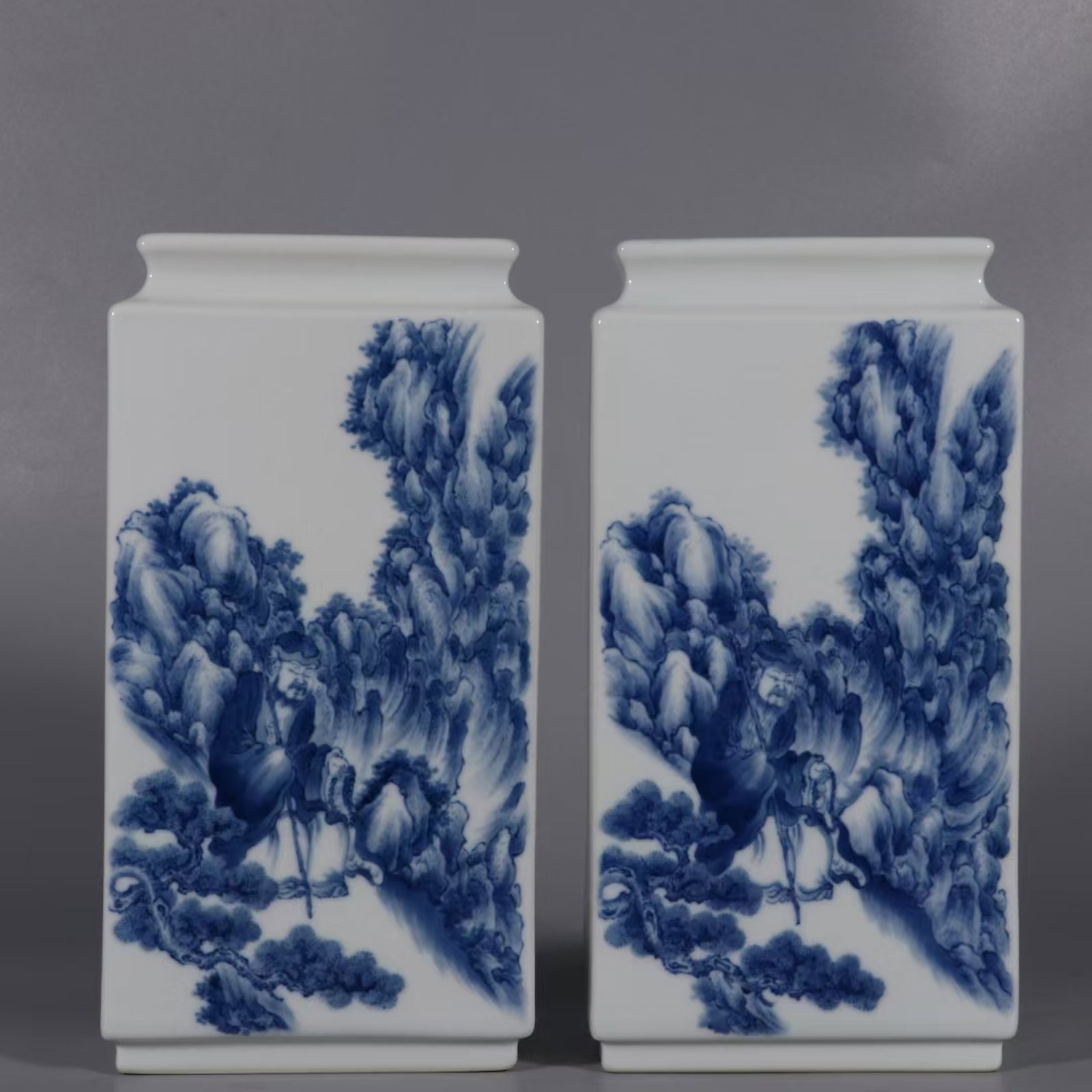 A Pair of Exquisite Blue and White Landscape and Figure Pattern Vases,with poem (1 of 9)