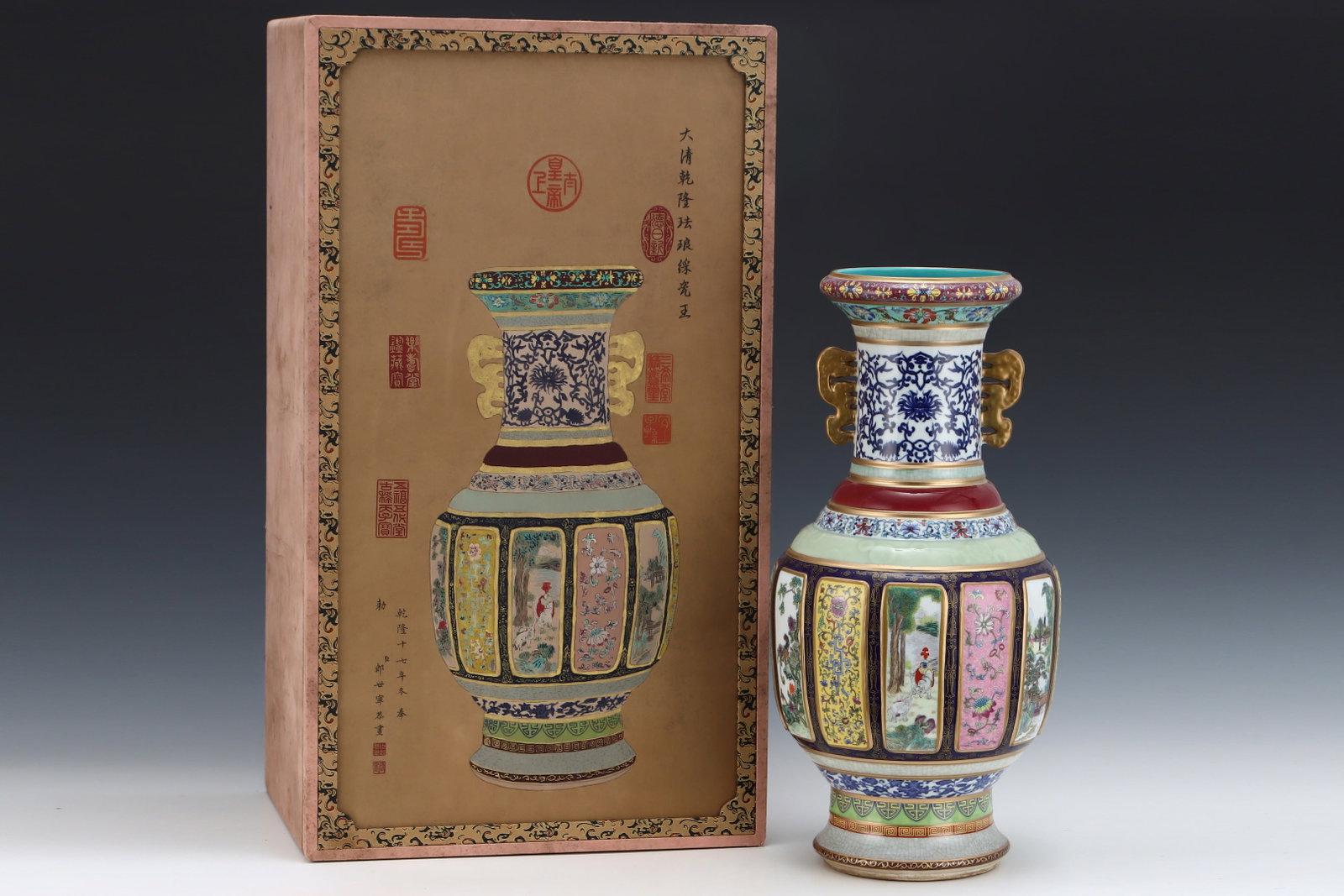 A Huge Blue and White Enamel Lotus Pattern Double-Ears Vase: A Huge Blue and White Enamel Lotus Pattern Double-Ears Vase,Qing Dynasty,China,Qianlong Six-character Mark,Size:19.4inx9.6in 青花珐琅彩缠枝莲纹