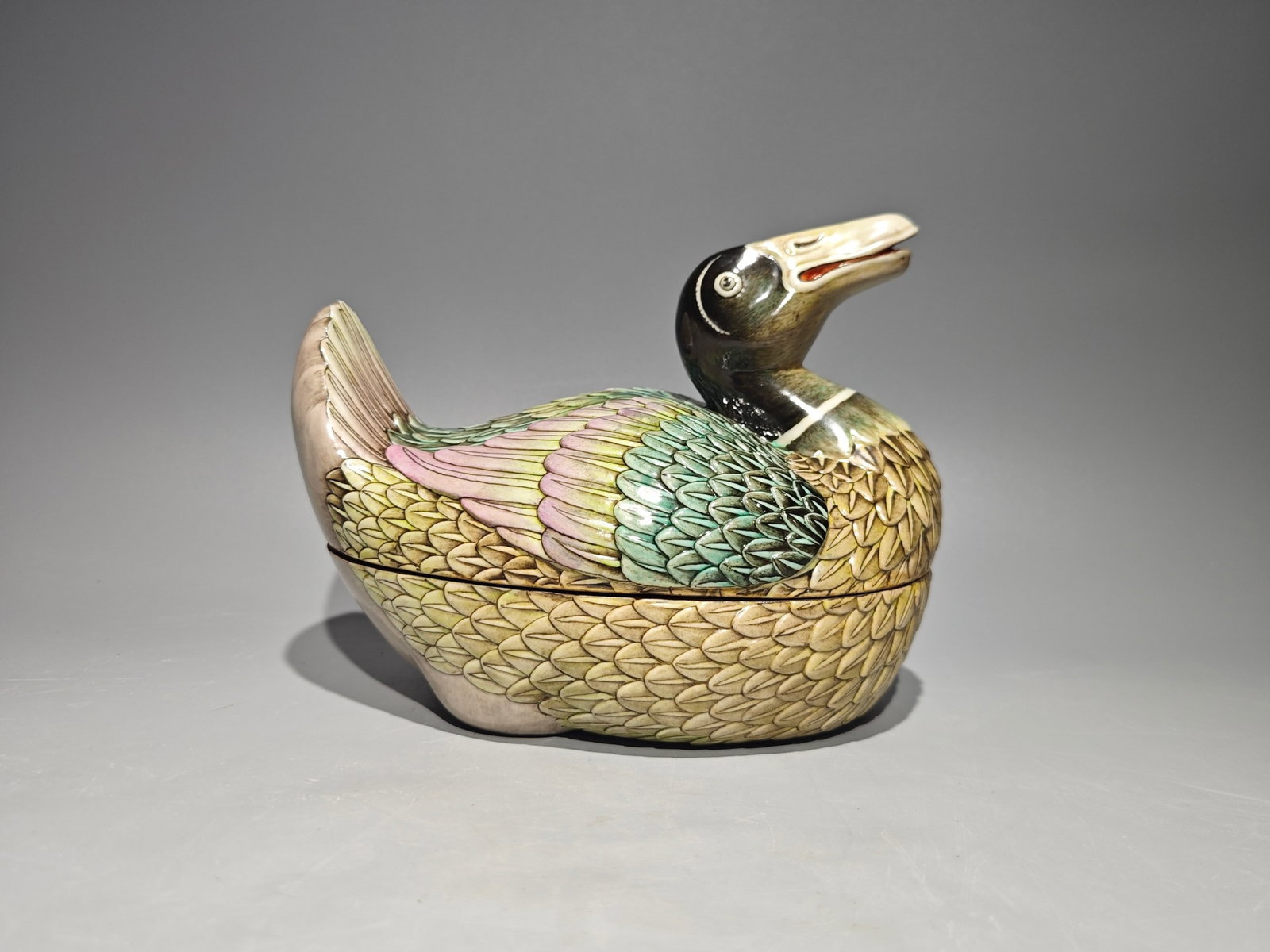An Exquisite Famille-Rose Painted Gold Duck Ornament,with poem: An Exquisite Famille-Rose Painted Gold Duck Ornament,with poem,Qing Dynasty,China,Size:6.1inx8.1in 粉彩描金鸭摆件,带诗文,中国