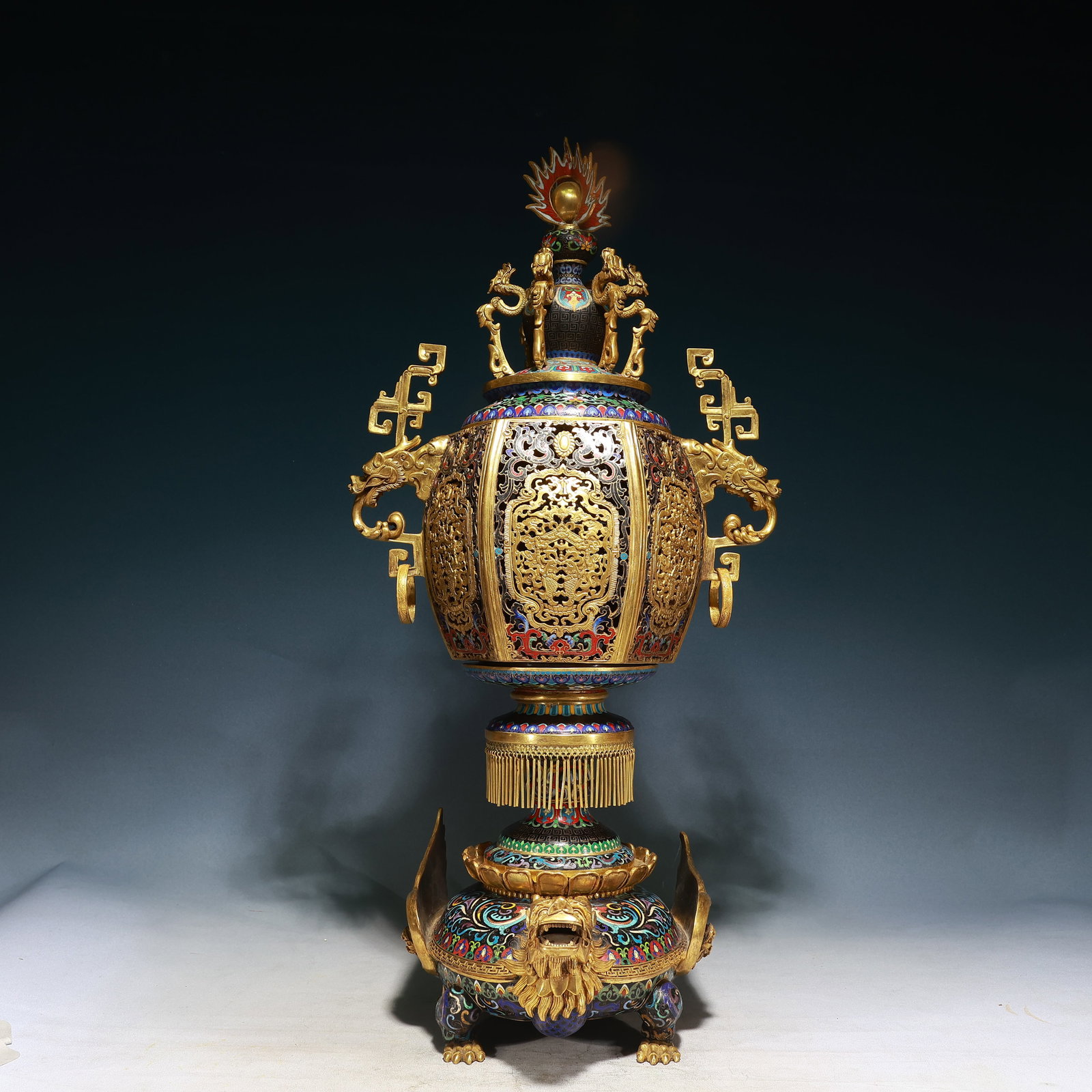 A Huge Cloisonne Dragon Pattern Dragon-Ears Censer,With Dragon and Turtle Base: A Huge Cloisonne Dragon Pattern Dragon-Ears Censer,With Dragon and Turtle Base,Qing Dynasty, China,Qianlong Four-character Mark,Size:15.4inx14.6inx31.5in,Weight:23300g 景泰蓝龙