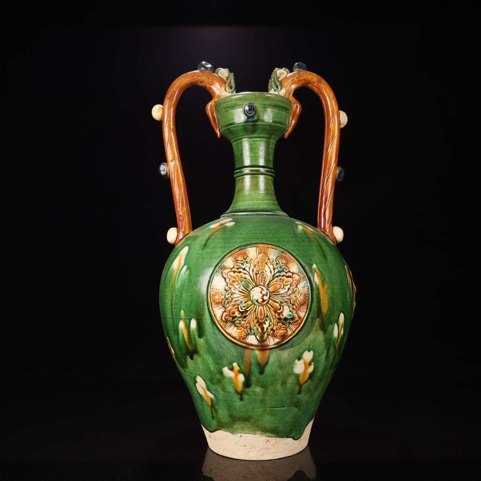 A Huge Tang Tri-Color Glazed Pottery Flower Pattern Dragon-Ears Vase: A Huge Tang Tri-Color Glazed Pottery Flower Pattern Dragon-Ears Vase,Tang Dynasty, China,Size:9.4inx9.4inx17.7in,Weight:3900g 唐三彩花卉纹龙耳瓶&#