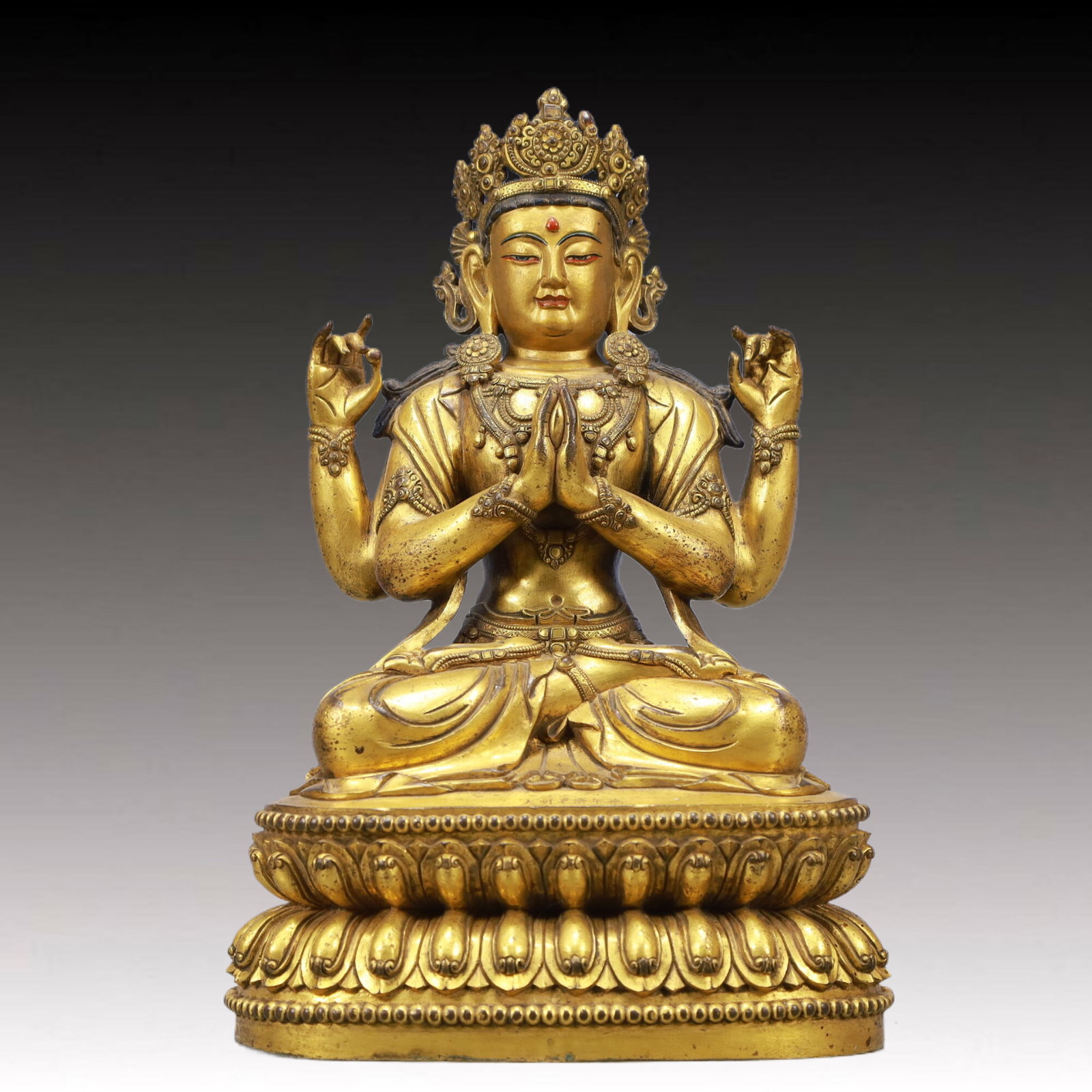 A Solemn Gilt Bronze Four-arms Statue of Avalokitesvara: A Solemn Gilt Bronze Four-arms Statue of Avalokitesvara ,Ming Dynasty, China,Yongle Six-character Mark,Size:7.1inx4.3inx11.8inWeight:5350g 铜鎏金四臂观音Î
