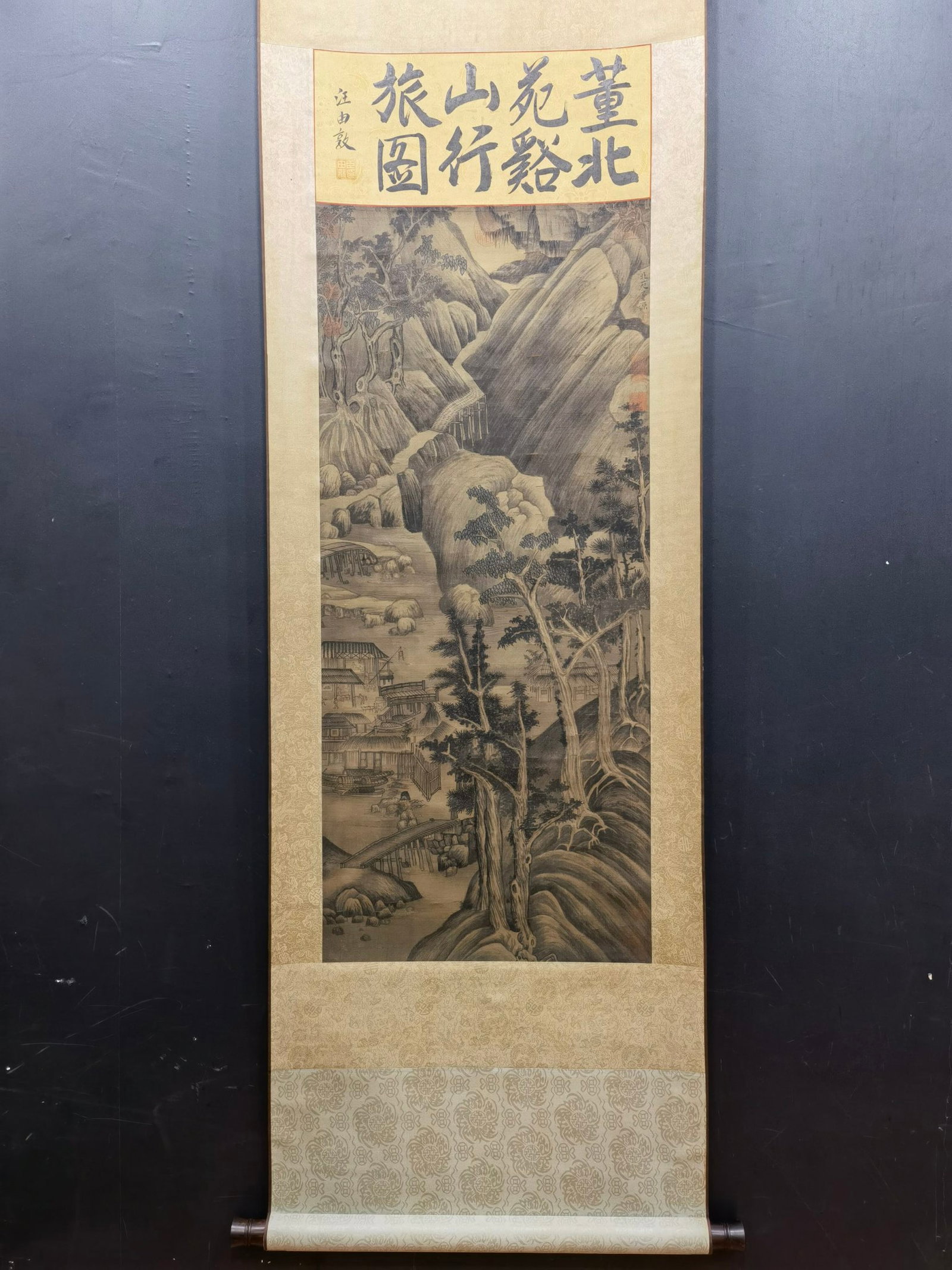 A Chinese Vertical Scroll Ink Painting of Landscape on Silk: A Chinese Vertical Scroll Ink Painting of Landscape on Silk,Dong Yuan,Size:17.3inx39.4in 一幅中国水墨绢本山水画立轴,ഽ