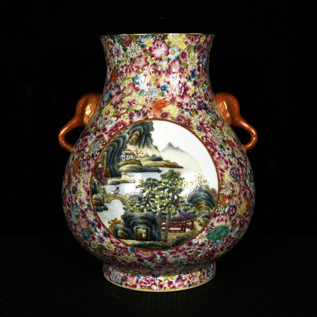 An Exquisite Enamel Painted Gold Landscape Pattern Elephant-Ears Vase: An Exquisite Enamel Painted Gold Landscape Pattern Elephant-Ears Vase,Qing Dynasty,China,Qianlong Six-character Mark,Size:8.9inx7.1in 珐琅彩描金山水纹&#