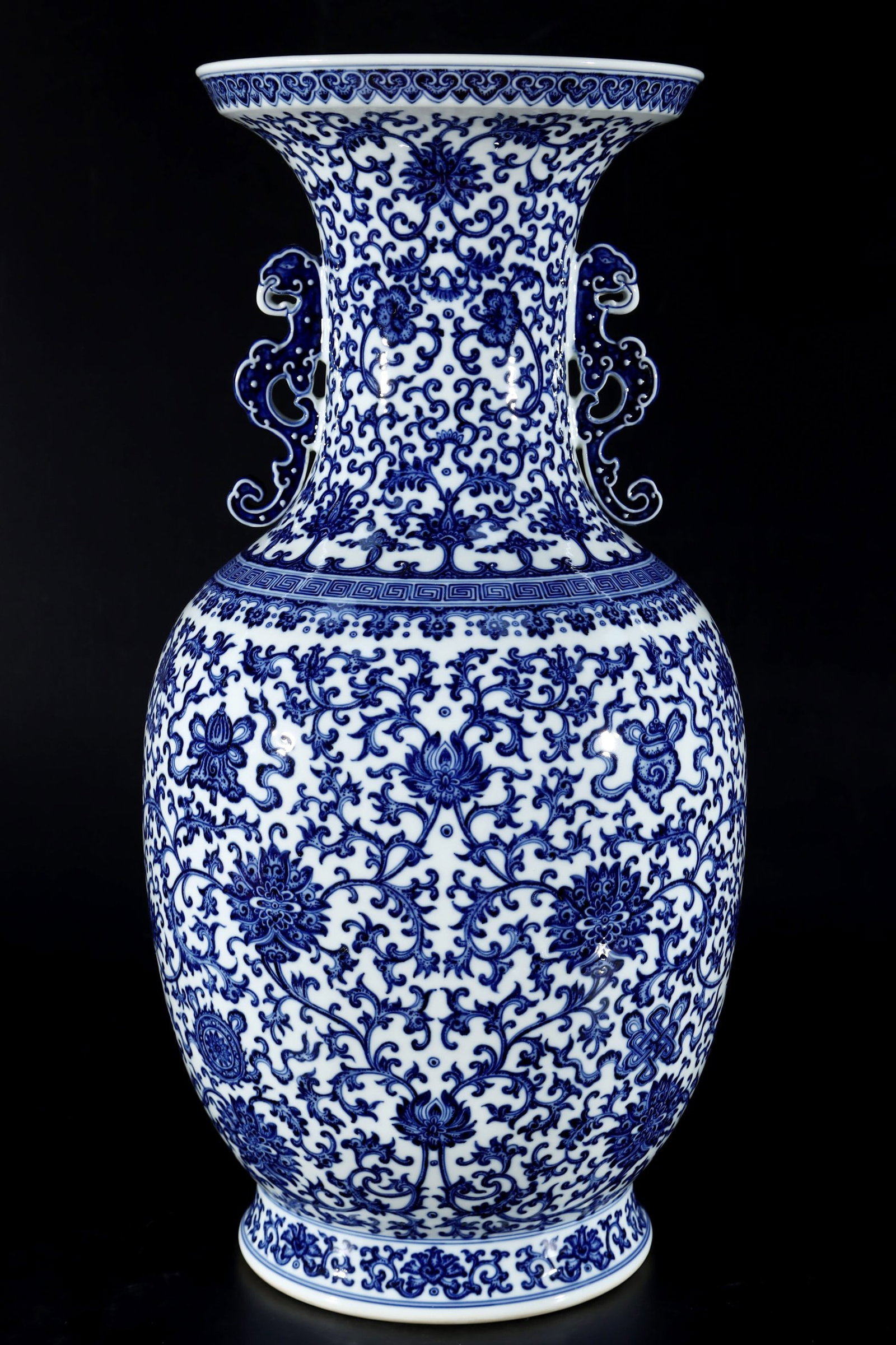A Huge Blue and White Lotus and Eight Treasures Pattern Double-Ears Vase: A Huge Blue and White Lotus and Eight Treasures Pattern Double-Ears Vase,Qing Dynasty,China,Qianlong Six-character Mark,Size:23.5inx9.6in 青花缠枝莲八宝ಬ