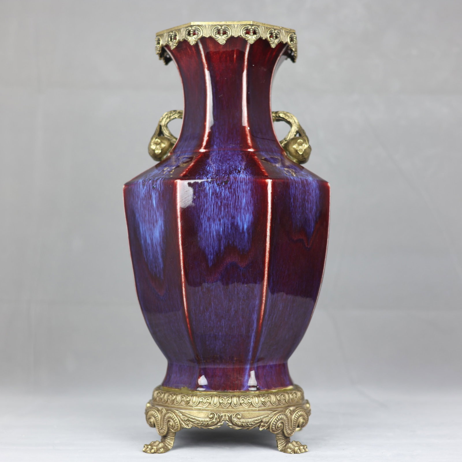 A Huge Flambe Glazed Inlaid Bronze Double-Ears Vase: A Huge Flambe Glazed Inlaid Bronze Double-Ears Vase,Qing Dynasty,China,Yongzheng Six-character Mark,Size:18.7inx9.1in 窑变釉镶铜双耳瓶,中国&