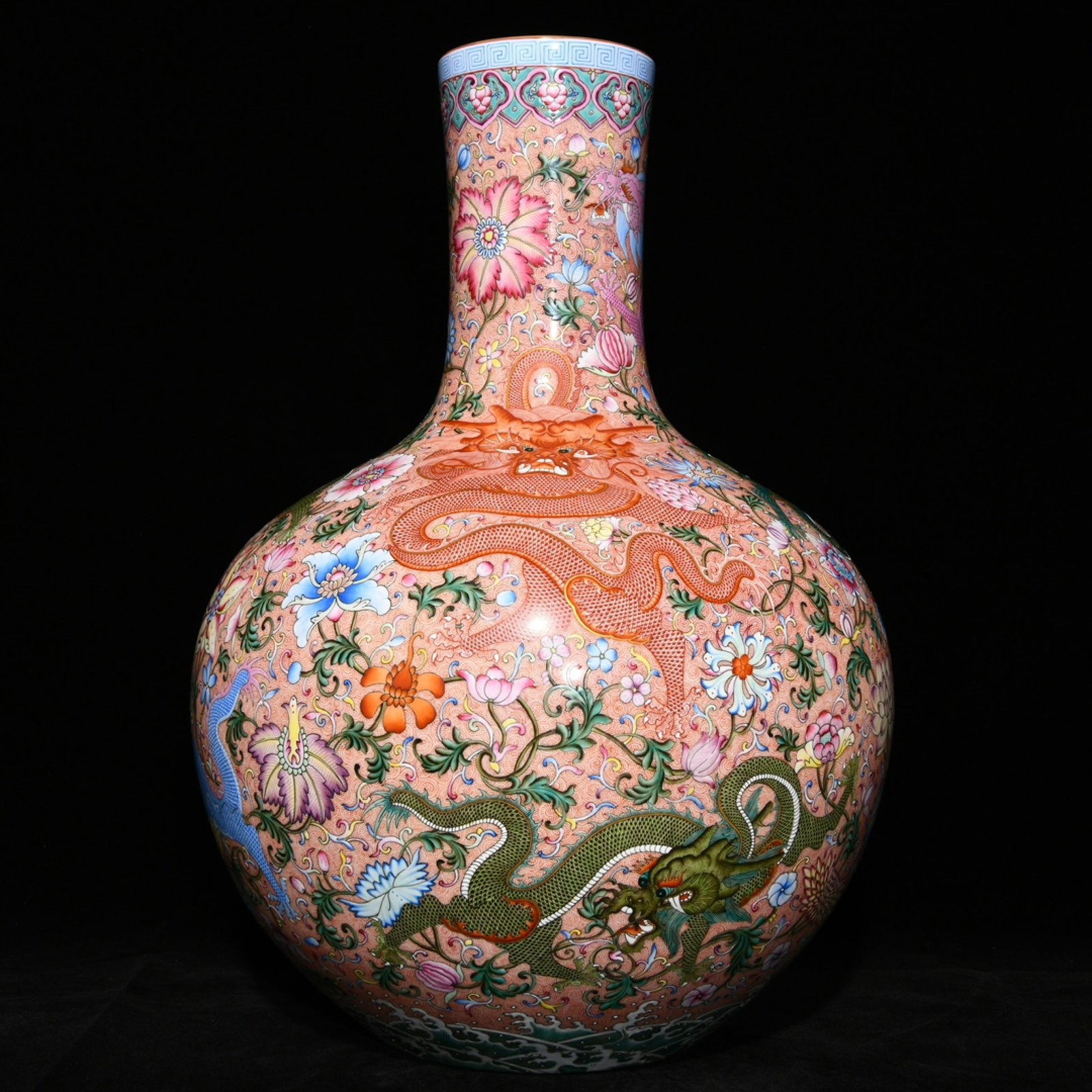 A Huge Famille-Rose Lotus and Dragon Pattern Vase: A Huge Famille-Rose Lotus and Dragon Pattern Vase,Qing Dynasty,China,Qianlong Six-character Mark,Size:21.1inx14.6in