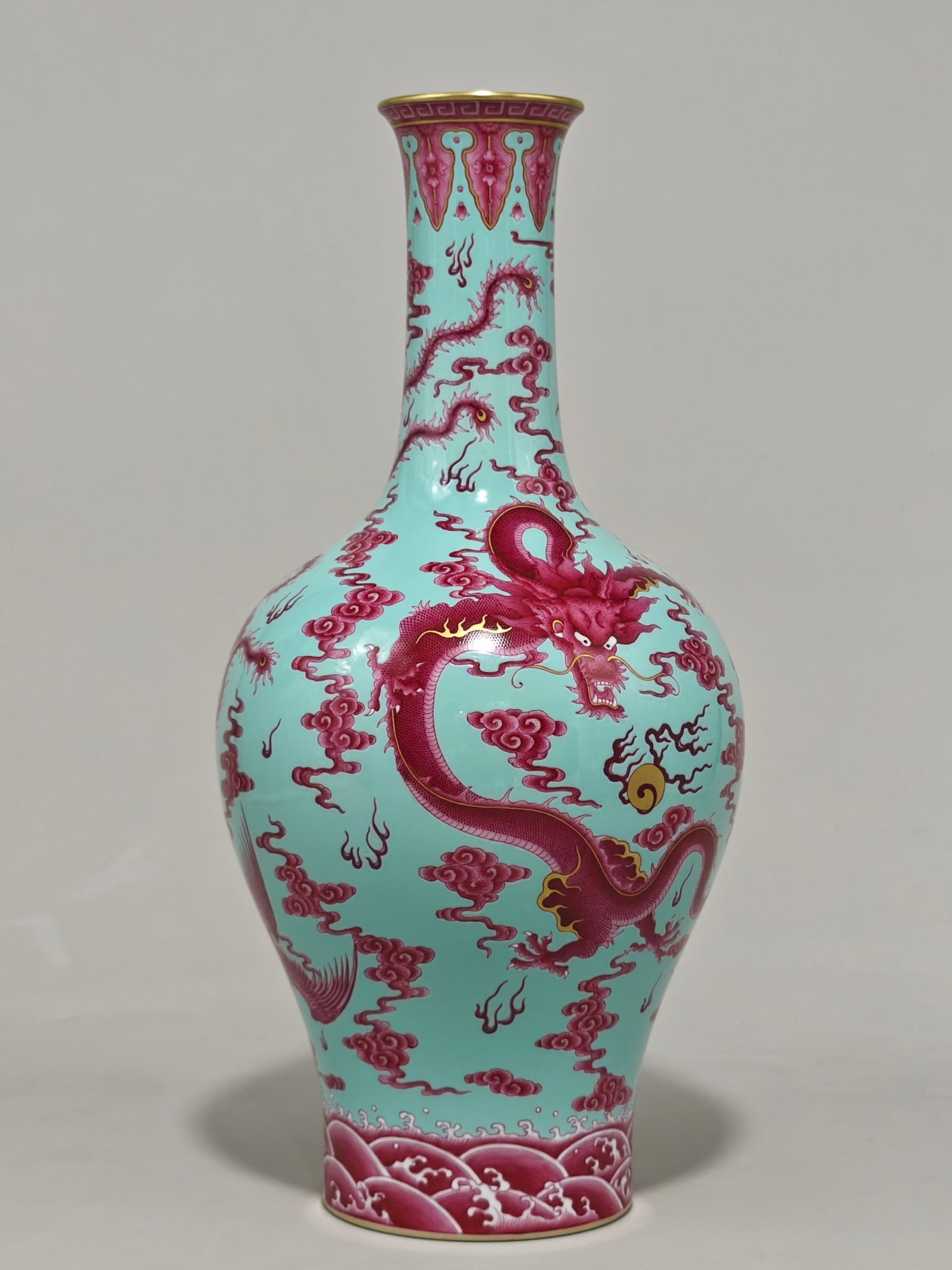 A Rare Turquoise Glazed Ruby Red-Glazed Dragon and Phoenix Pattern Vase: A Rare Turquoise Glazed Ruby Red-Glazed Dragon and Phoenix Pattern Vase,Qing Dynasty,China,Yongzheng Six-character Mark,Size:13.4inx6.7in 松石绿地胭脂红࿵