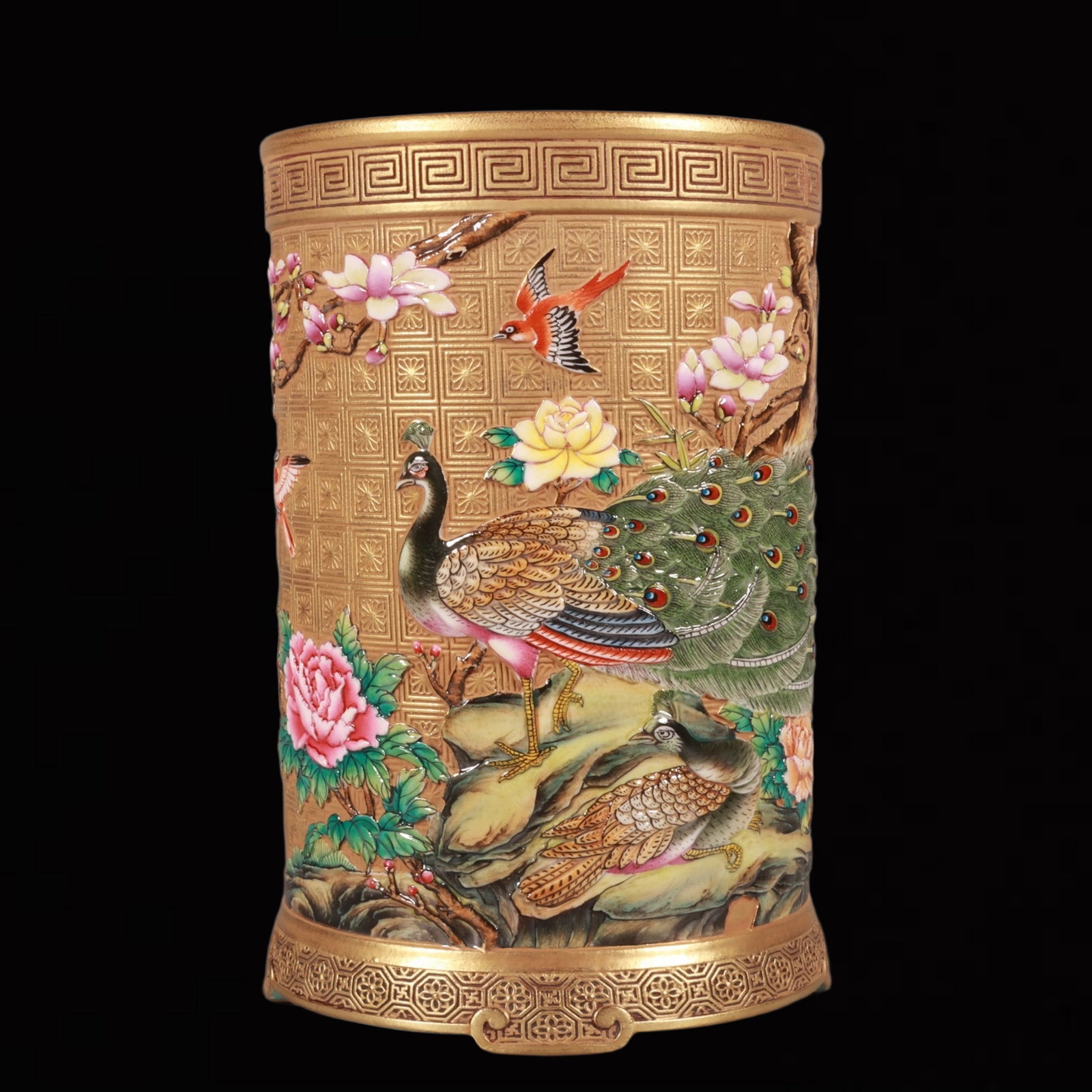 An Exquisite Enamel Gold Ground Flower and Peacock Pattern Brush Pot: An Exquisite Enamel Gold Ground Flower and Peacock Pattern Brush Pot,Qing Dynasty,China,Qianlong Six-character Mark,Size:6.1inx4.2in