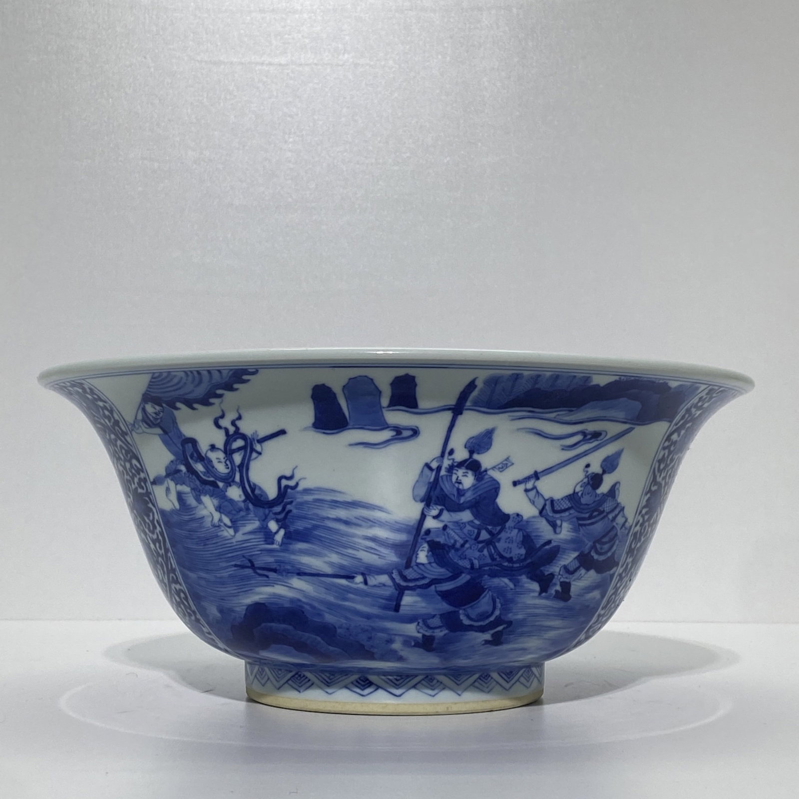An Exquisite Blue and White Flower Figure Pattern Bowl: An Exquisite Blue and White Flower Figure Pattern Bowl,Qing Dynasty,China,Kangxi Six-character Mark,Size:4.8inx10.6in