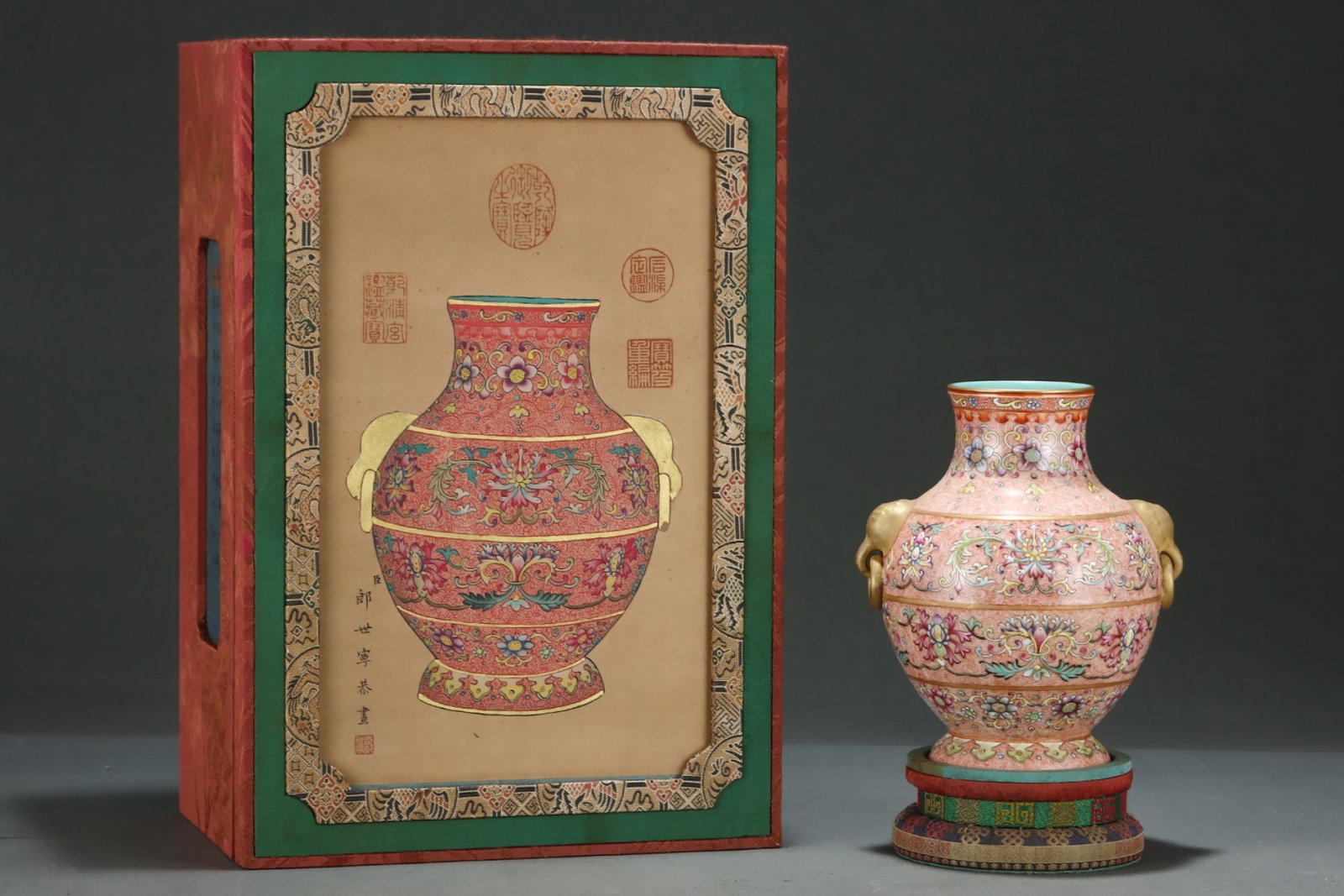 An Exquisite Enamel Gilt Lotus Pattern Beast-Ears Vase: An Exquisite Enamel Gilt Lotus Pattern Beast-Ears Vase,Qing Dynasty,China,Qianlong Six-character Mark,Size:7.8inx6.8in 珐琅彩鎏金缠枝莲纹兽&