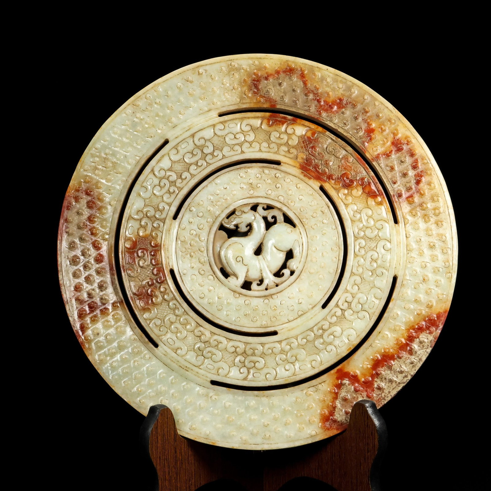 An Exquisite White Jade Auspicious Beast Pattern Ornament: An Exquisite White Jade Auspicious Beast Pattern Ornament,Qing Dynasty,China,Size:9.8inx0.5in,Weight:869g 白玉瑞兽纹摆件,中国清代