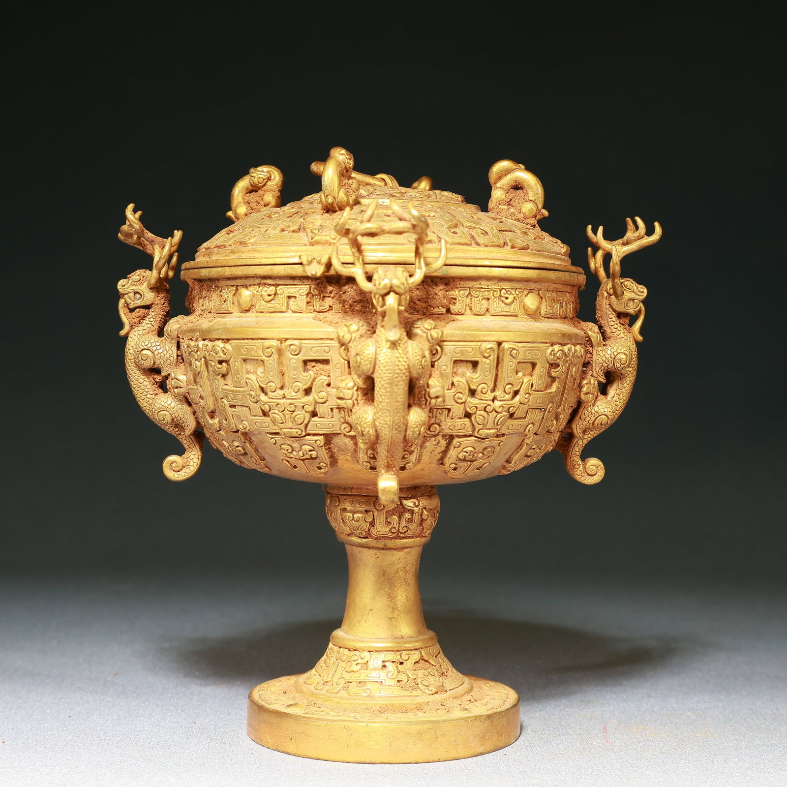 An Exquisite Gilt Bronze Chi-Dragon Patter Stem Jar with Cover: An Exquisite Gilt Bronze Chi-Dragon Patter Stem Jar with Cover,Qing Dynasty,China,Size:5.9inx5.5in,Weight:1250g