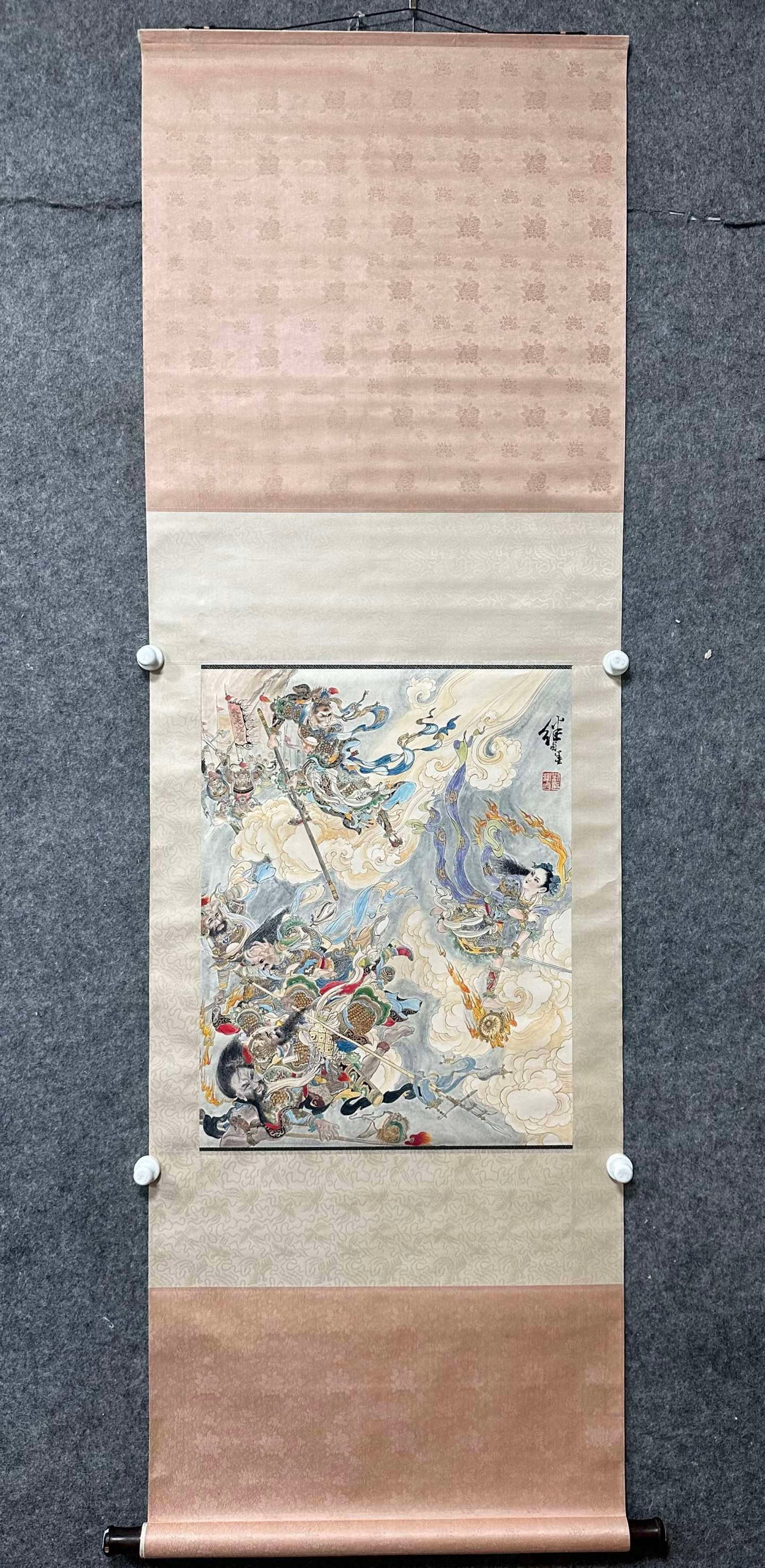 A Chinese Vertical Scroll Ink Painting of Character and Story on Paper: A Chinese Vertical Scroll Ink Painting of Character and Story on Paper,Liu Jiyou,Size:19.1inx24.4in 一幅中国水墨人物故事画立$