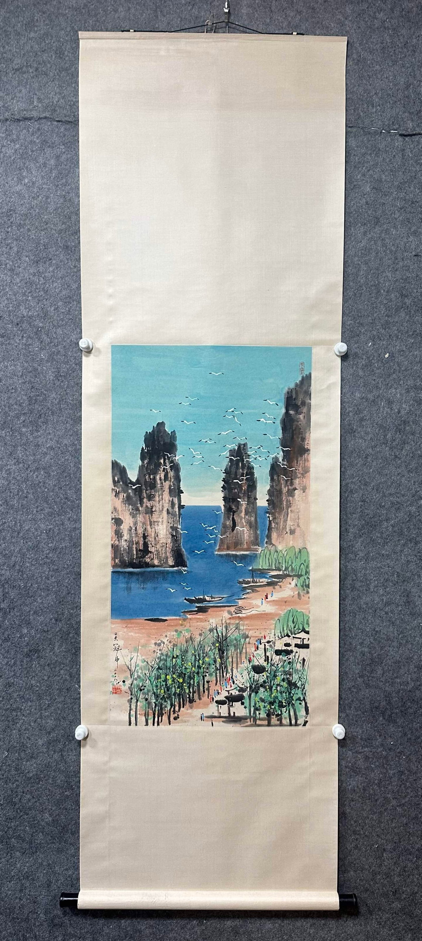 A Chinese Vertical Scroll Ink Painting of Landscape on Paper: A Chinese Vertical Scroll Ink Painting of Landscape on Paper,Wu Guanzhong,Size:20.3inx38.6in 一幅中国水墨山水画立轴,吴冠&#
