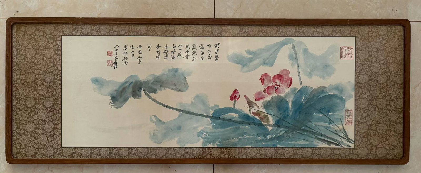 A Chinese Ink Painting of Flower on Paper with Frame: A Chinese Ink Painting of Flower on Paper with Frame,Zhang Daqian,Size:13.4inx35.4in 一幅中国水墨花卉画带画框,张大&#