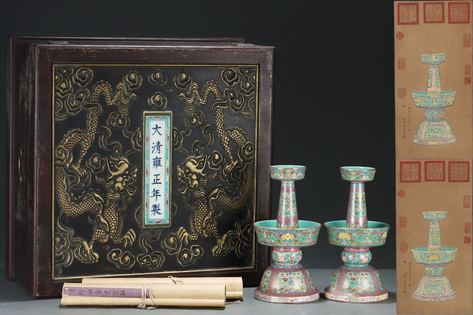 A Pair of Rare Enamel Beast-Face Pattern Candlesticks,with Chinese Vertical Scroll Ink Painting on: A Pair of Rare Enamel Beast-Face Pattern Candlesticks,with Chinese Vertical Scroll Ink Painting on Silk,Qing Dynasty,China,Yongzheng Four-character Mark,Size:(Without frame)24inx11.8in,(Porcelain)11.9