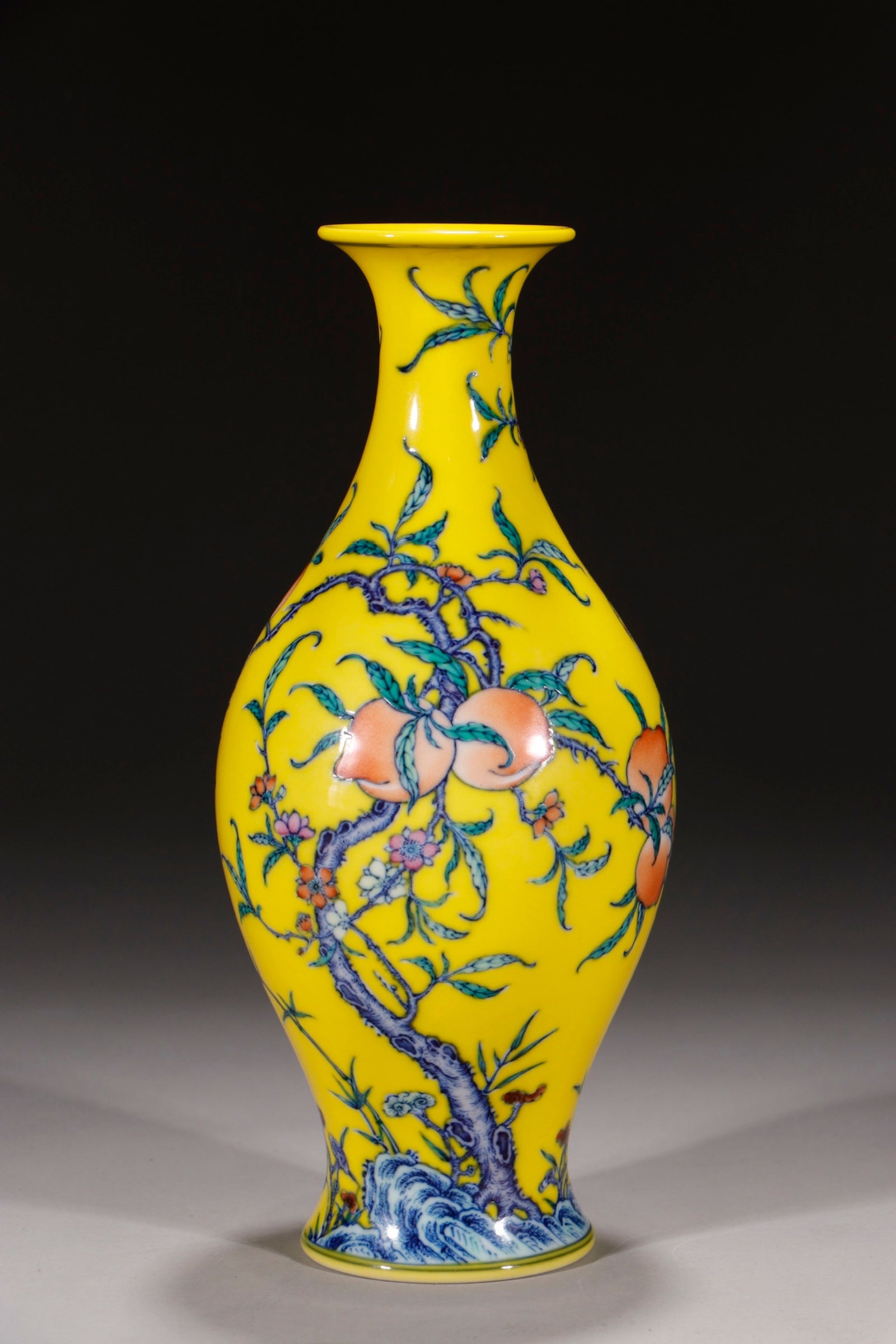 An Exquisite Yellow Ground Doucai Peach Pattern Vase: An Exquisite Yellow Ground Doucai Peach Pattern Vase,Qing Dynasty,China,Yongzheng Six-character Mark,Size:8.9in