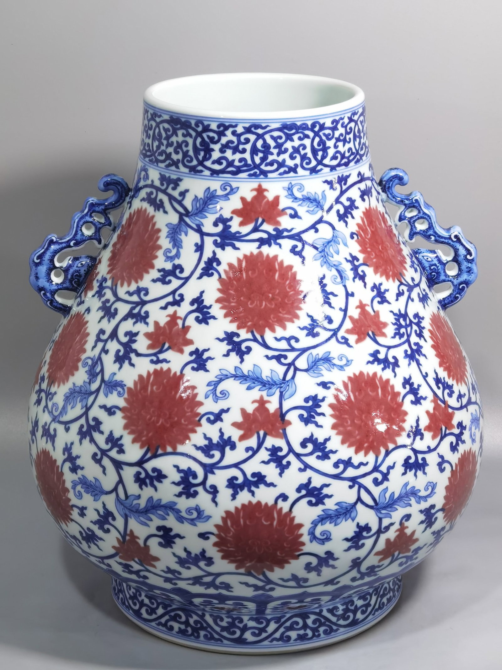 A Rare Blue and White Underglaze-Red Lotus Pattern Double-Ears Jar: A Rare Blue and White Underglaze-Red Lotus Pattern Double-Ears Jar,Qing Dynasty,China,Yongzheng Six-character Mark,Size:13.4inx11.8in 青花釉里红缠枝莲&#