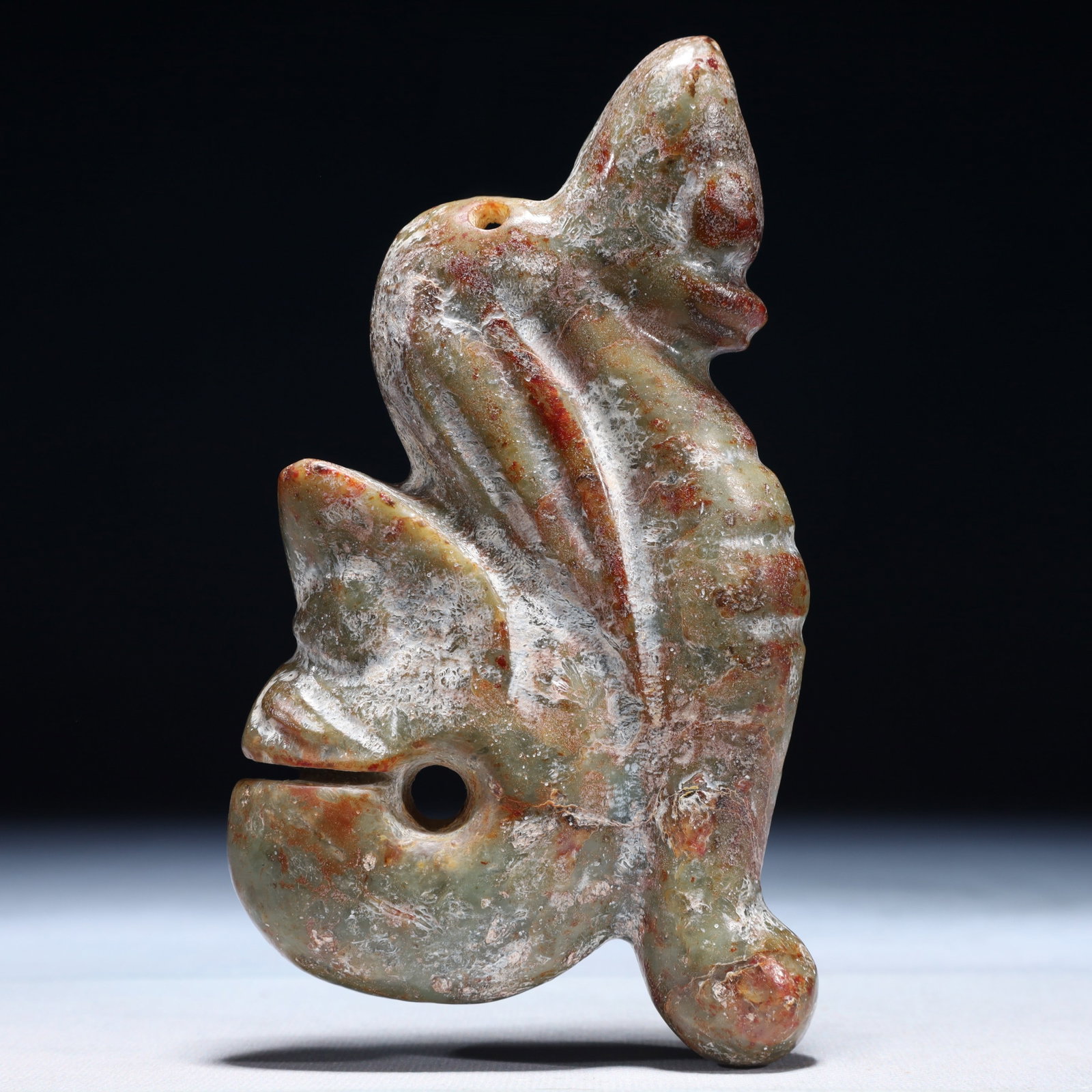 An Archaic Hongshan Culture Greenish Jade Bat Pendant: An Archaic Hongshan Culture Greenish Jade Bat Pendant,Ancient Time,China,Size:3.5inx0.8inx5.9in,Weight:500g 红山文化青白玉蝙蝠挂件,