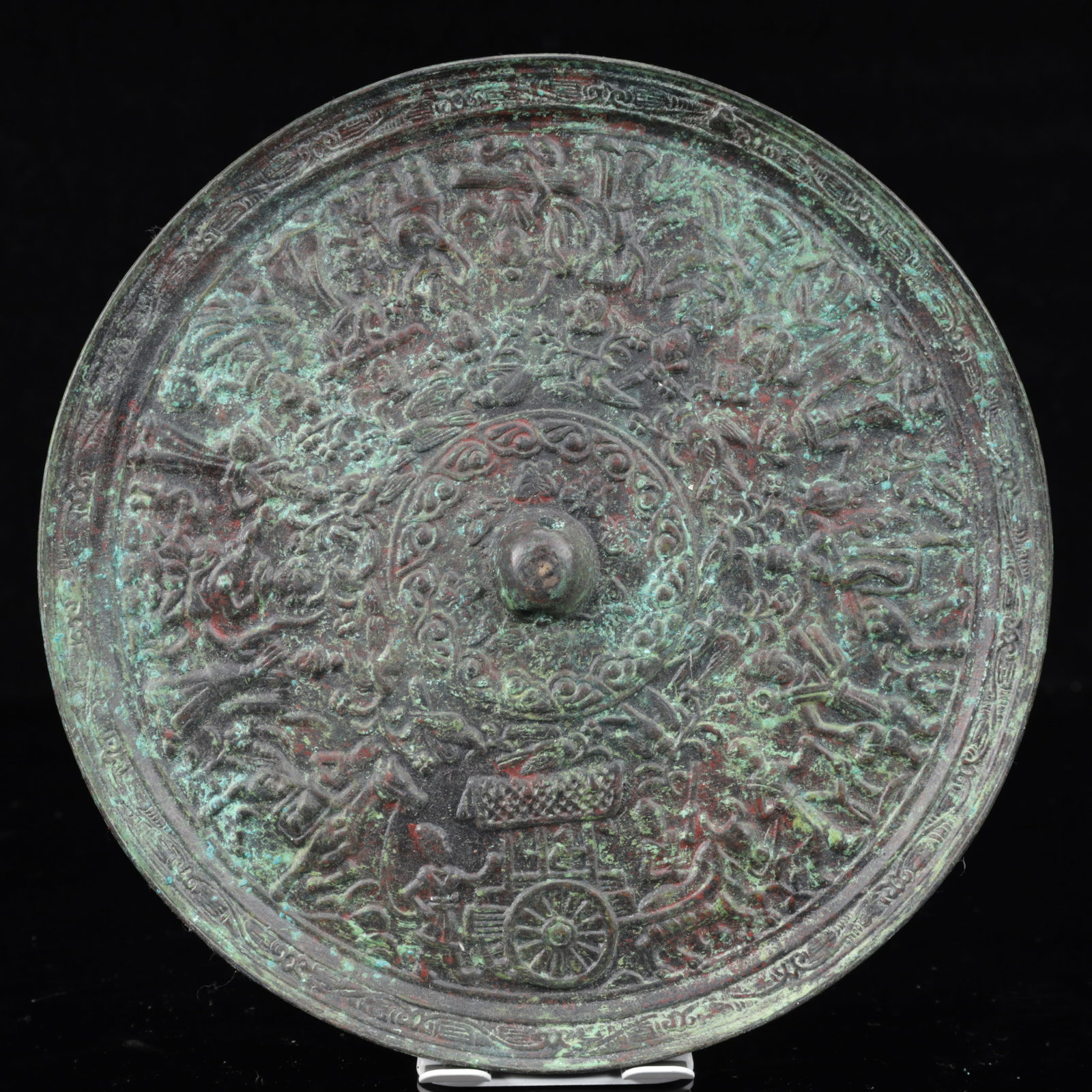 An Archaic Bronze Character and Story Pattern Round Mirror: An Archaic Bronze Character and Story Pattern Round Mirror,The Warring States period in China,Size:8.5inx0.8in,Weight:1400g 青铜人物故事纹圆镜,