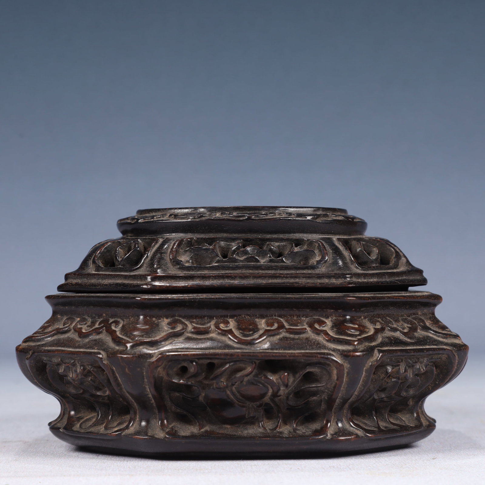 An Exquisite Zitanwood Hollow Eight Treasures Pattern Censer: An Exquisite Zitanwood Hollow Eight Treasures Pattern Censer,Qing Dynasty, China,Size:6.3inx5.5inx3.5in,Weight:500g 紫檀木镂空八宝纹香炉,