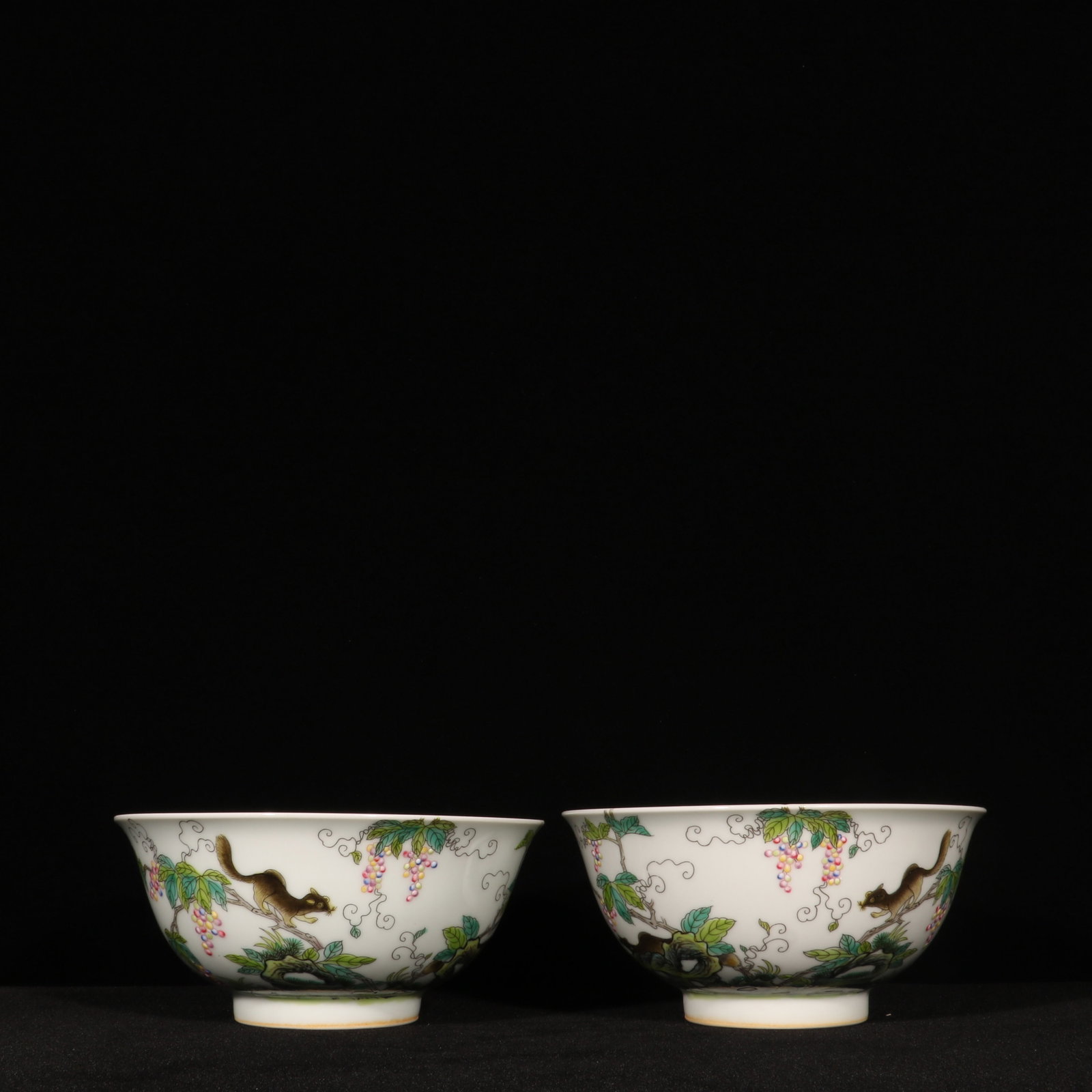 A Pair of Exquisite Enamel Squirrel and Grapes Pattern Bowls: A Pair of Exquisite Enamel Squirrel and Grapes Pattern Bowls,Qing Dynasty,China,Yongzheng Four-character Mark,Size:3inx5.9in 一对珐琅彩松鼠葡萄
