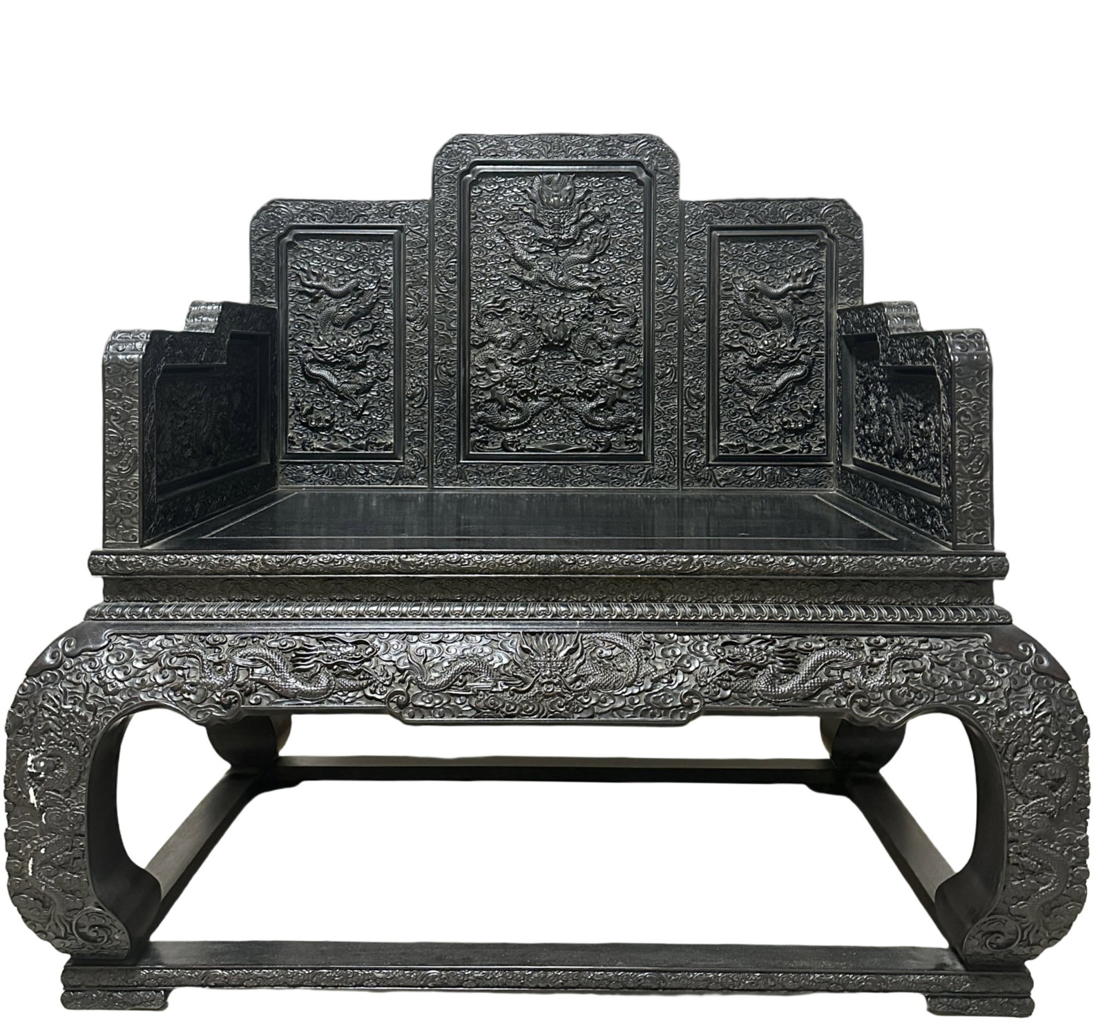 A Stunning Zitanwood Cloud And Dragon Pattern Throne: A Stunning Zitanwood Cloud And Dragon Pattern Throne,Qing Dynasty, China,from the Qianlong Period.Size:47.2inx33.1inx46.5in,Weight:80kg.紫檀龙纹宝座,清代