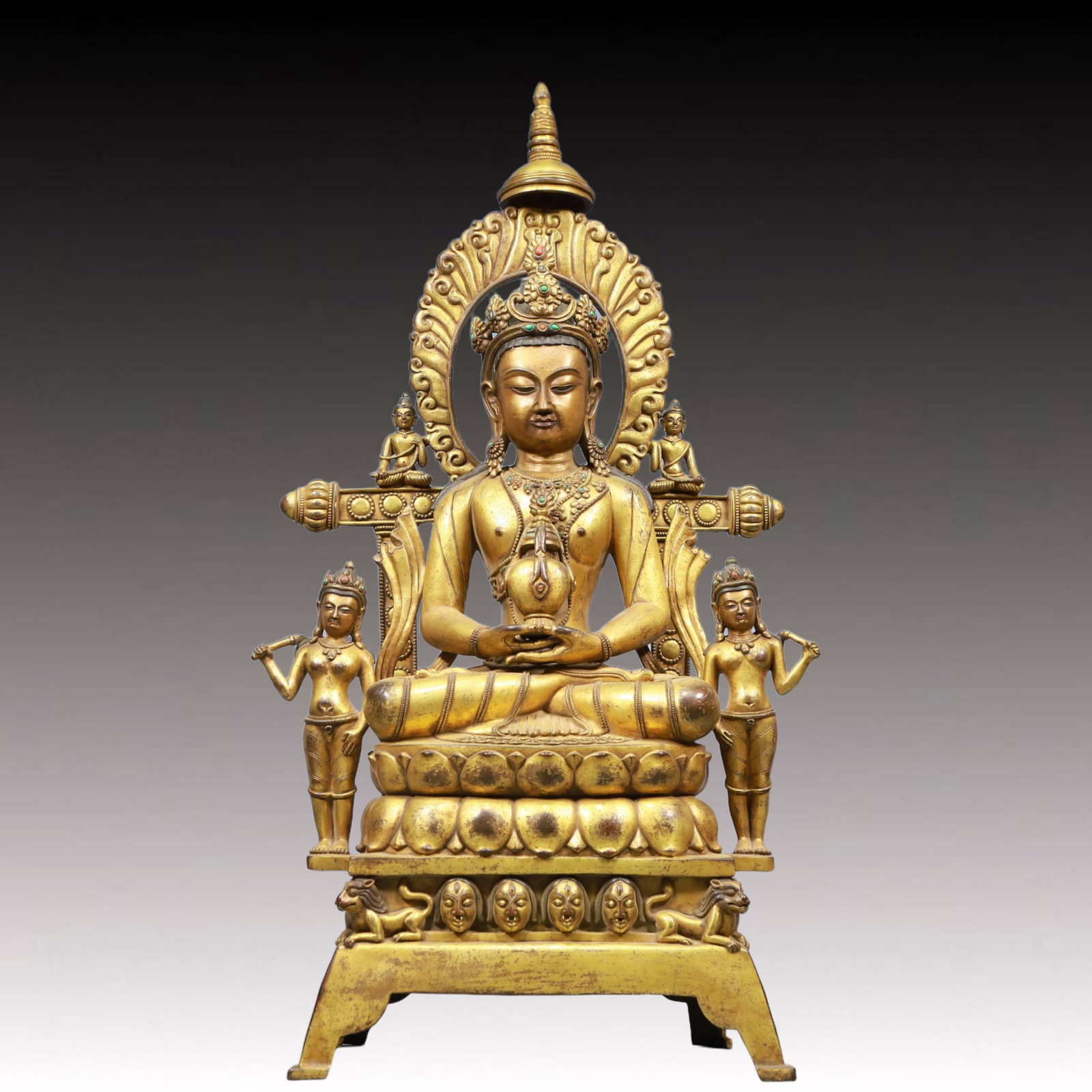 A Solemn Gilt Bronze Statue of Avalokitesvara, Inlaid Gems, With Inscription: A Solemn Gilt Bronze Statue of Avalokitesvara, Inlaid Gems, With Inscription, Ming Dynasty, China, Size:14.6inx8.3inx28.3in, Weight:18350g 铜鎏金观音像,嵌