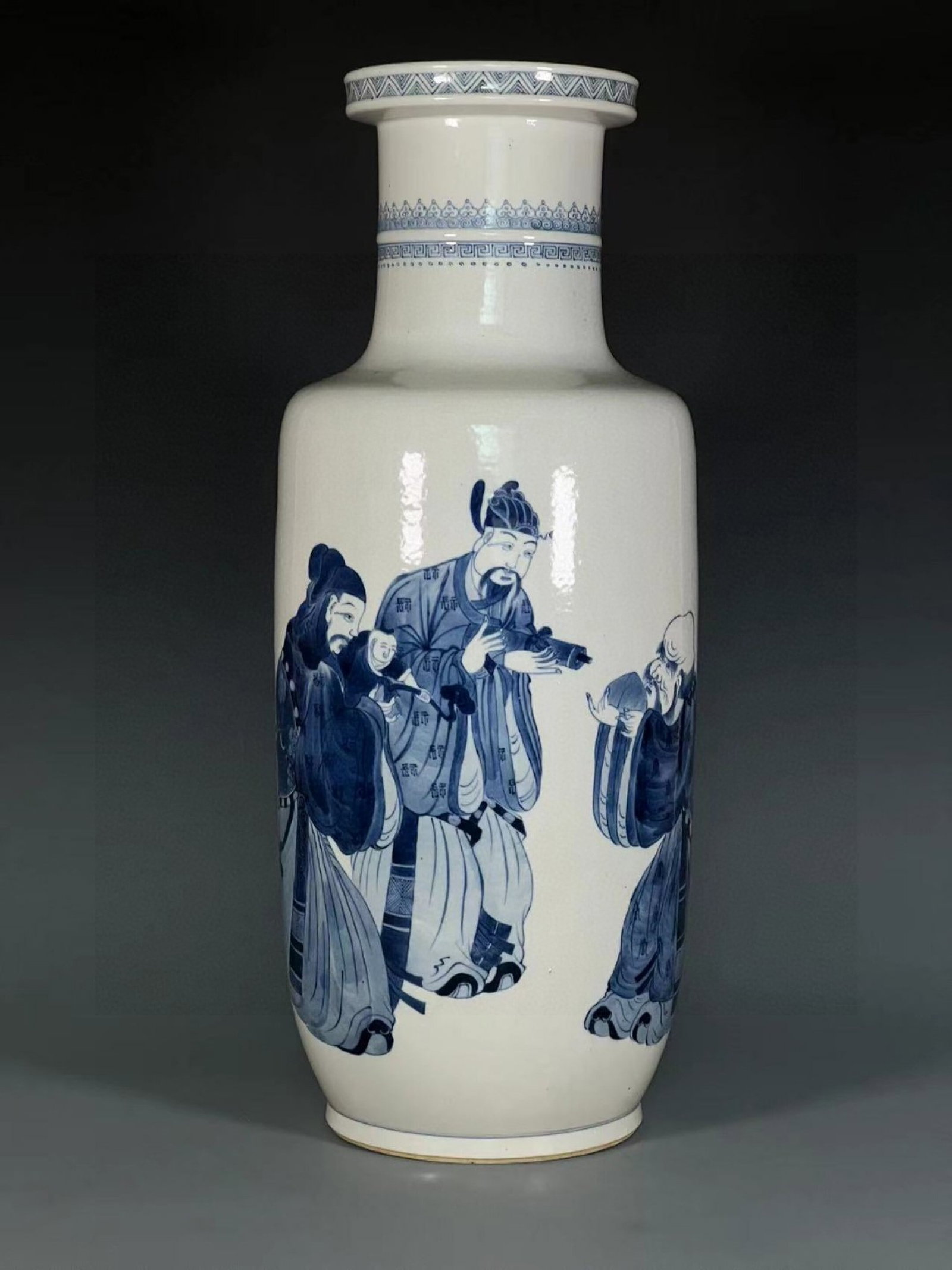 A Huge Blue and White Character and Story Pattern Vase: A Huge Blue and White Character and Story Pattern Vase,Qing Dynasty,China,Kangxi Six-character Mark,Size:19.3inx5.9in 青花人物故事纹瓶,中国&