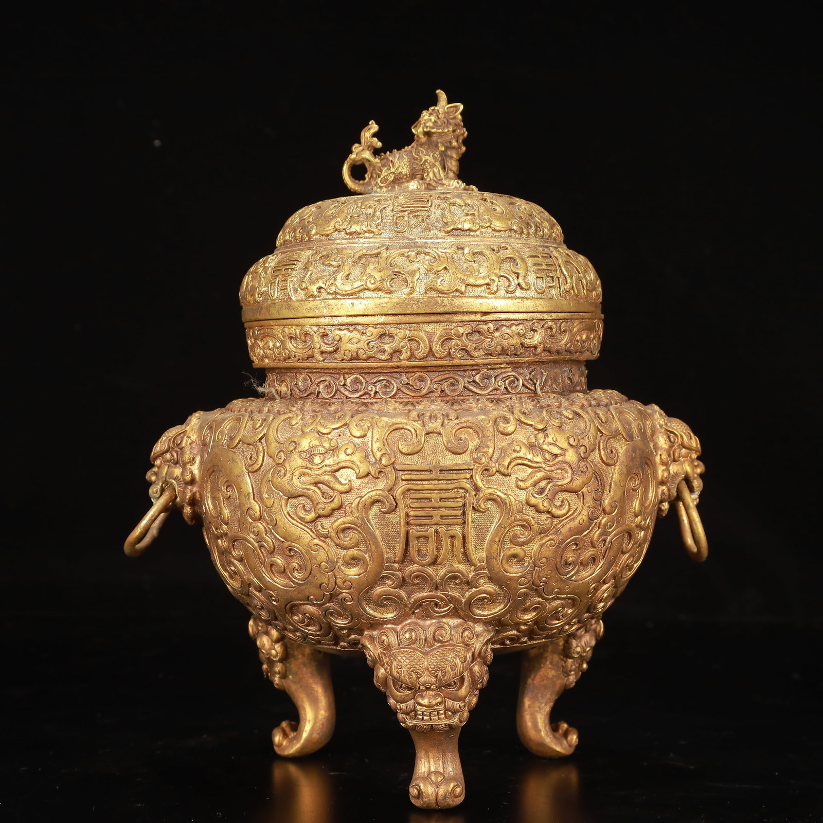 An Exquisite Gilt Bronze Dragon Pattern Beast-Ears Tripod Censer: An Exquisite Gilt Bronze Dragon Pattern Beast-Ears Tripod Censer,Tang Dynasty, China,Zhenguan Four-character Mark,Size:7.9inx6.7inx9.4in,Weight:2650g 铜鎏金龙纹兽&#