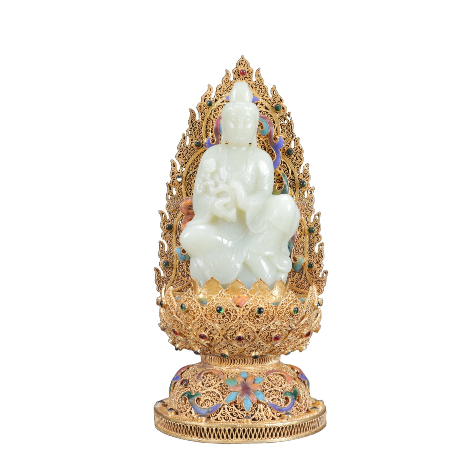 An Exquisite Filigree and Gilding Bronze Inlaid White Jade Statue of Avalokitesvara,Inlaid White: An Exquisite Filigree and Gilding Bronze Inlaid White Jade Statue of Avalokitesvara,Inlaid White Jade,Qing Dynasty,China,Qianlong Four-Character Mark,Size:(Statue of Avalokitesvara)4.1inx9.4in,(Box)10
