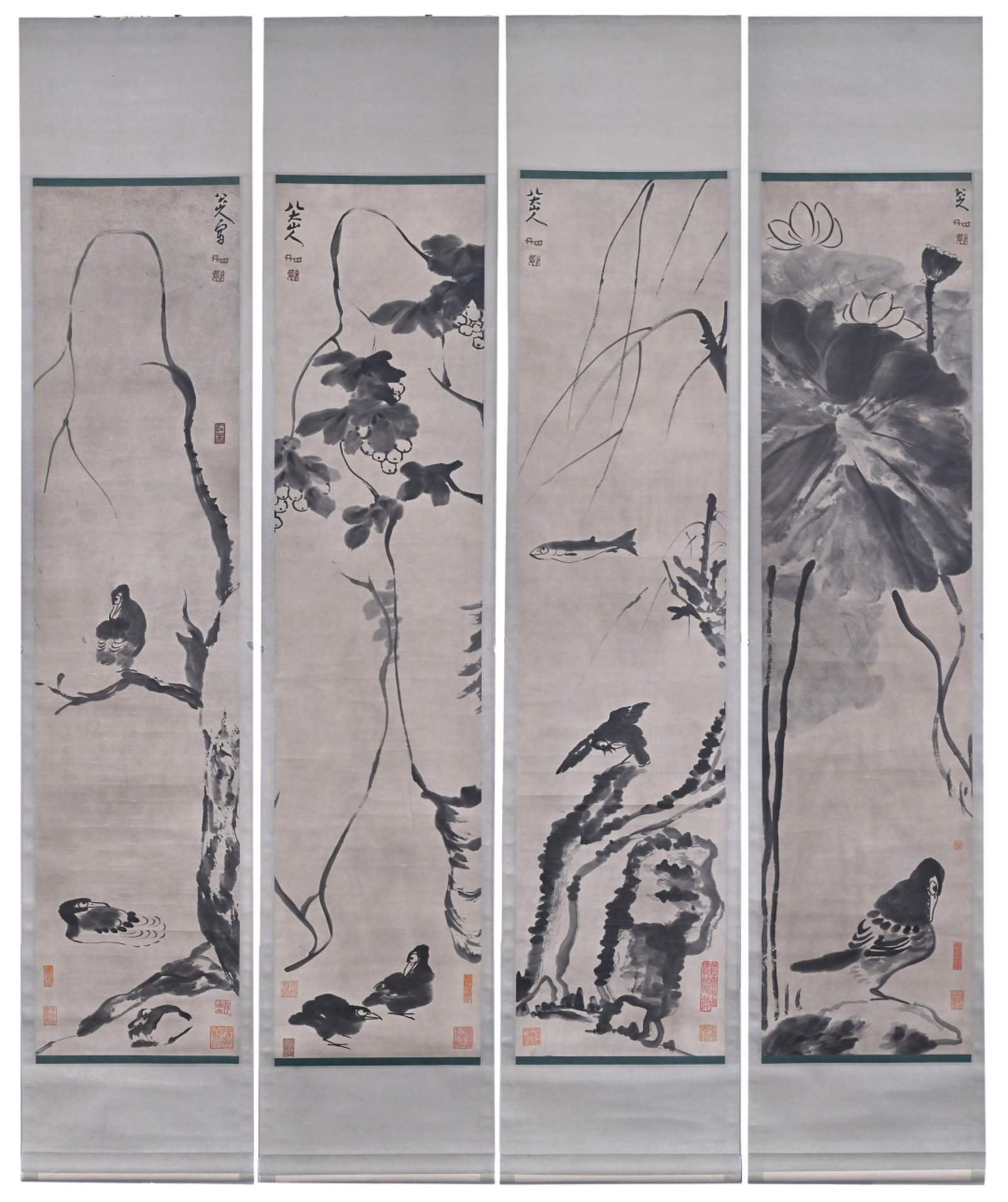 A Set of Chinese Vertical Scroll Ink Painting of Flower and Bird on Paper: A Set of Chinese Vertical Scroll Ink Painting of Flower and Bird on Paper,Bada Shanren,Size:53.1inx12.6in 一套中国水墨花鸟画立轴,Ð