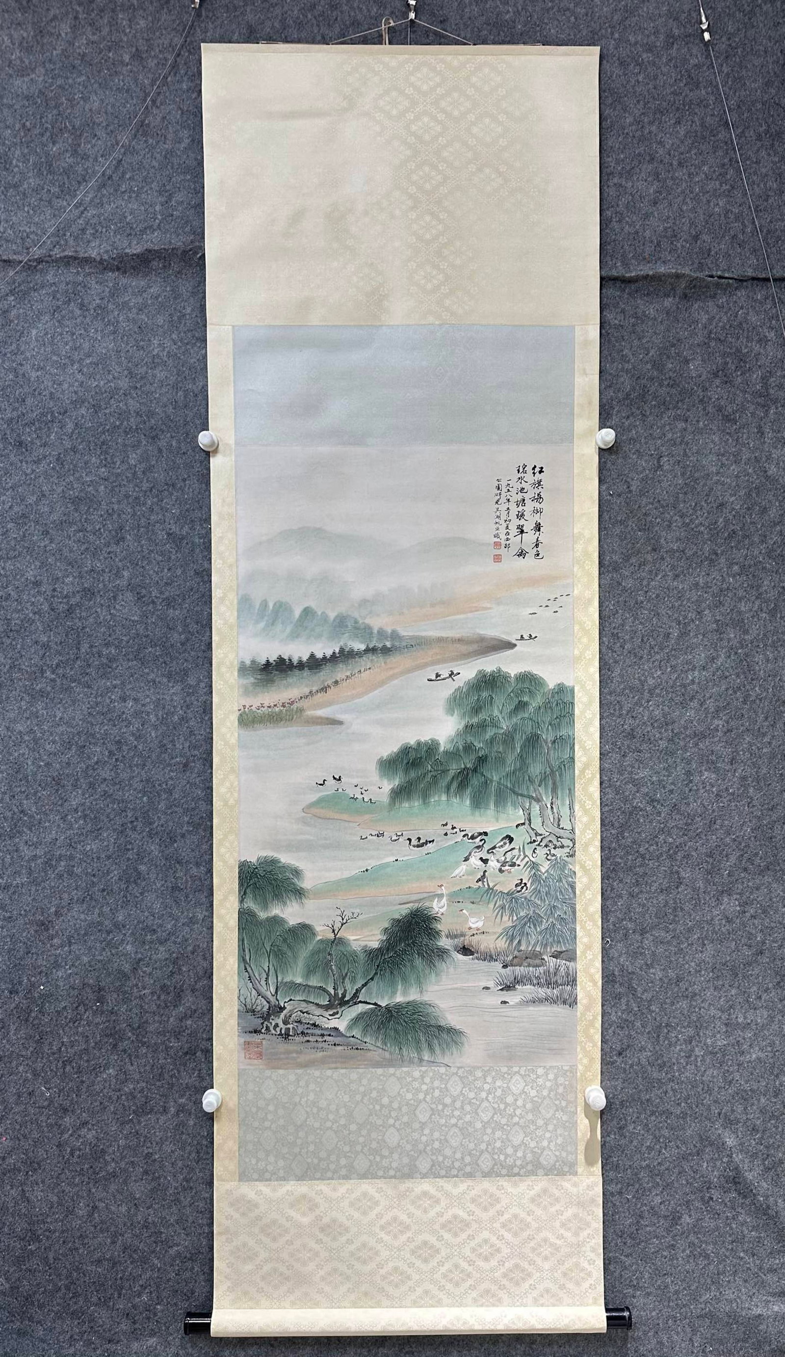 A Chinese Vertical Scroll Ink Painting of Landscape on Paper: A Chinese Vertical Scroll Ink Painting of Landscape on Paper,Wu Hufan,Size:23.4inx42.9in