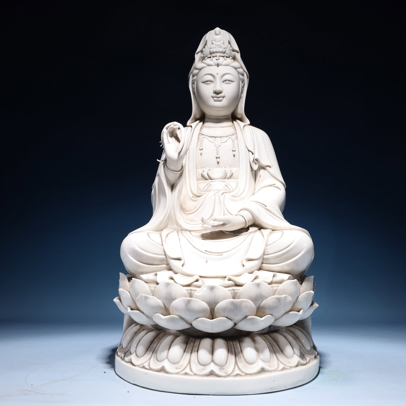 A Solemn Blance-De-Chine Statue of Avalokitesvara: A Solemn Blance-De-Chine Statue of Avalokitesvara Blance-De-Chine Statue of Avalokitesvara,Ming Dynasty,China,He Chaozong Mark,Size:13.4inx13.4inx24in,Weight:11800g