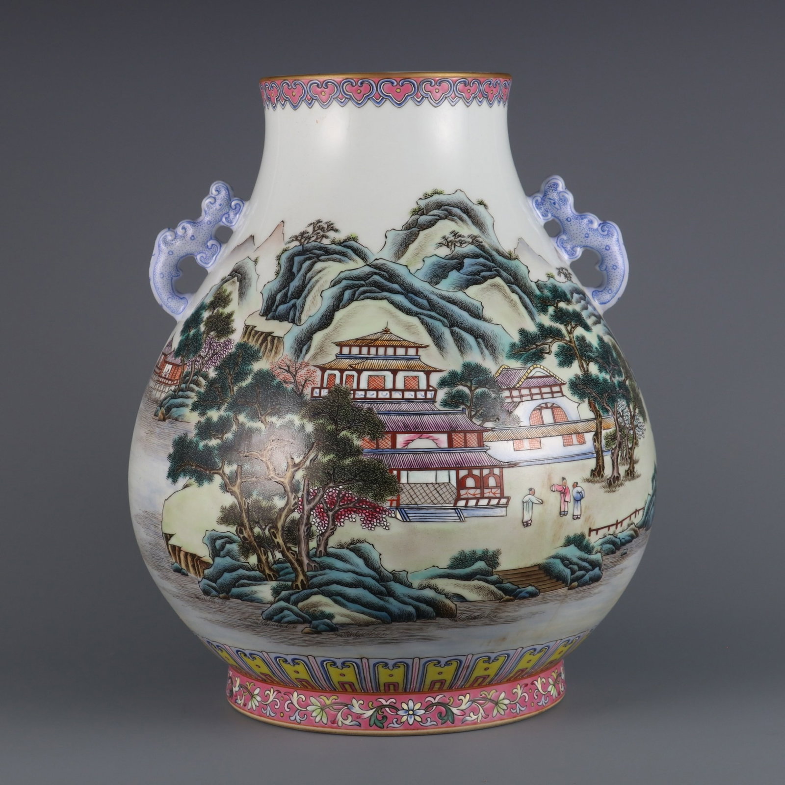 A Rare Famille-Rose Landscape and Figure Pattern Double-Ears Vase: A Rare Famille-Rose Landscape and Figure Pattern Double-Ears Vase,Qing Dynasty,China,Yongzheng Six-character Mark,Size:12.6inx4.9in