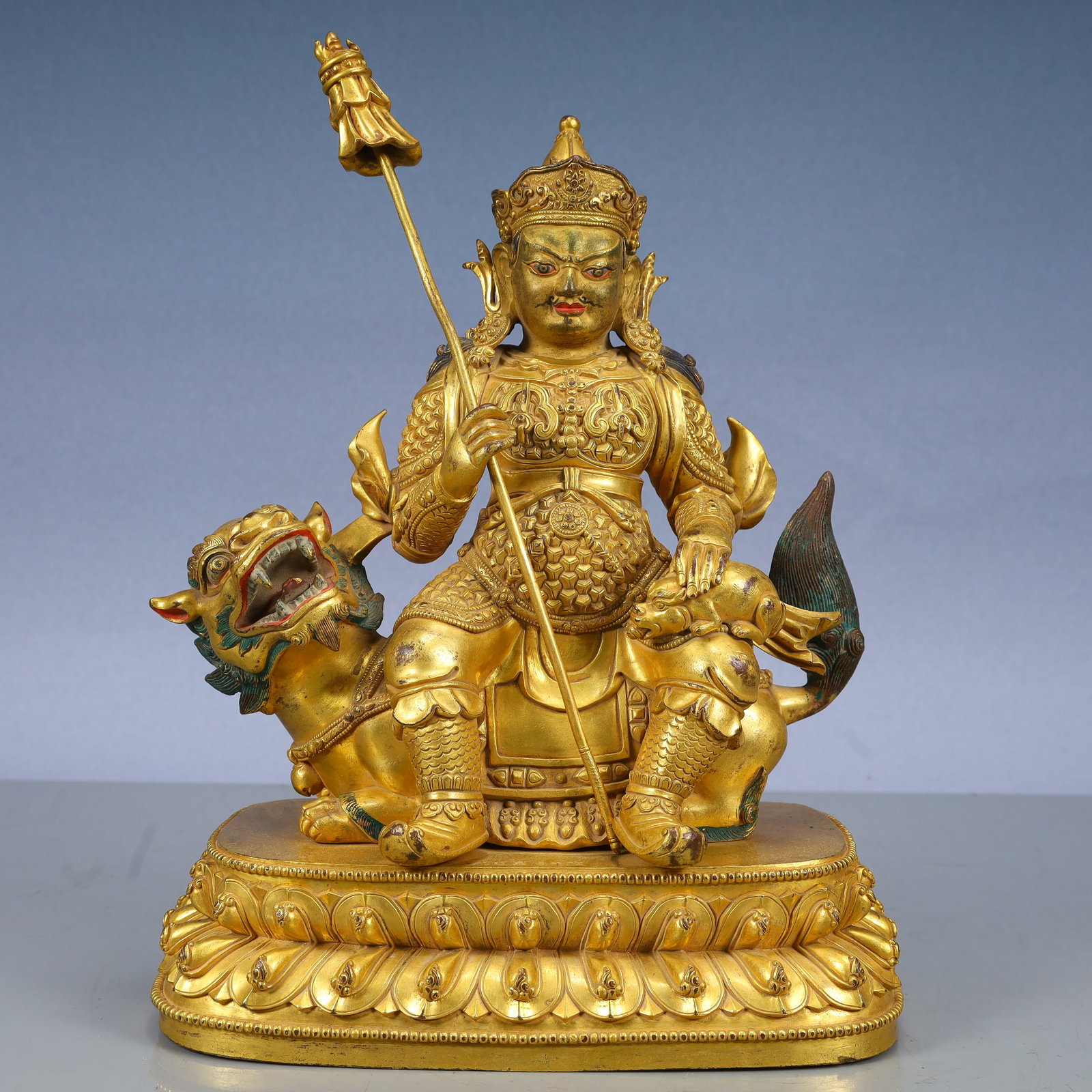 A Solemn Gilt Bronze Statue of Heavenly King Rides the Lion,With Inscription (1 of 14)