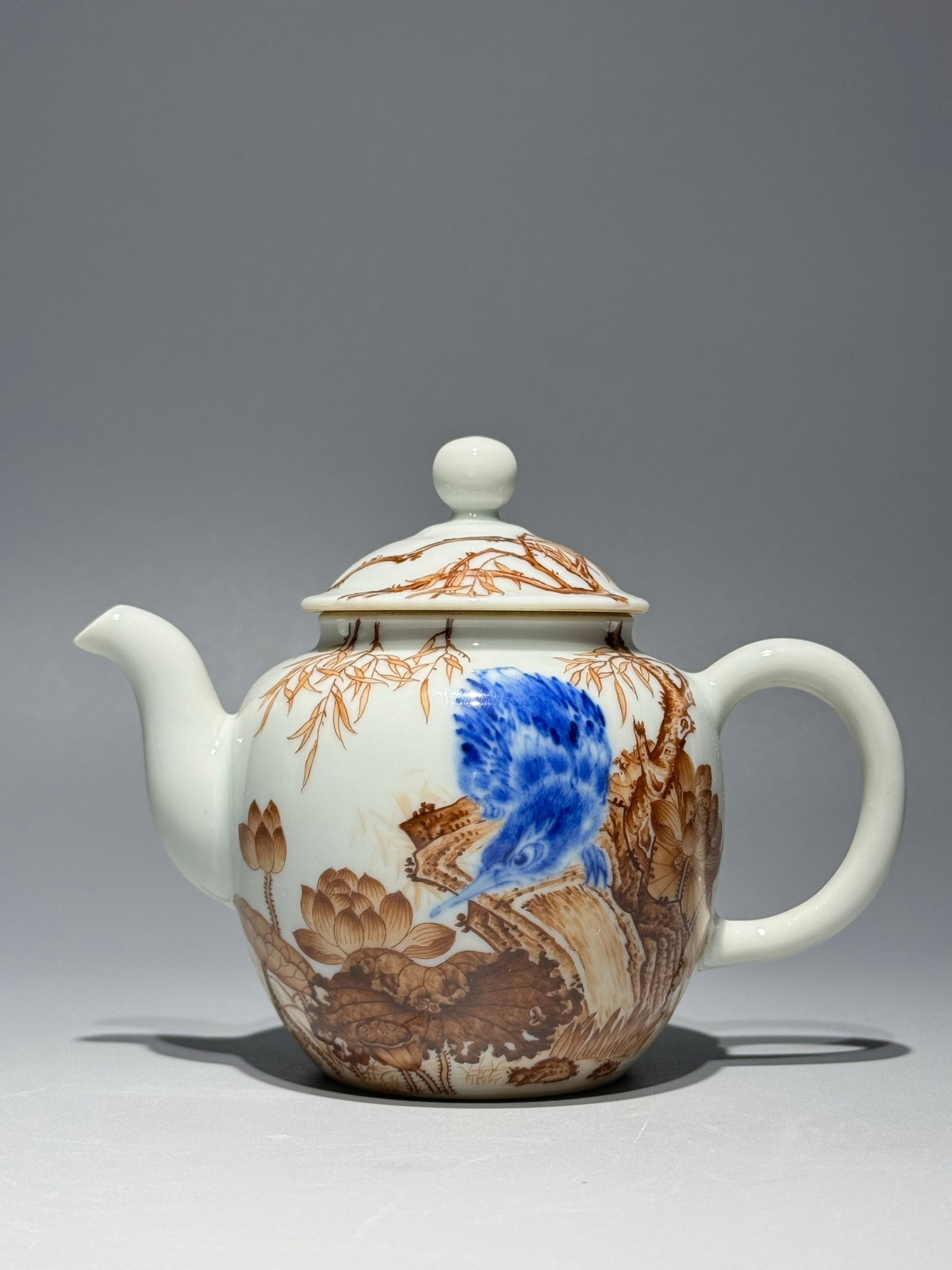 An Exquisite Blue and White Ink Color Flower and Bird Pattern Pot,with poem: An Exquisite Blue and White Ink Color Flower and Bird Pattern Pot,with poem,Qing Dynasty,China,Qianlong Six-character Mark,Size:4.3inx5.4in 青花墨彩花鸟纹
