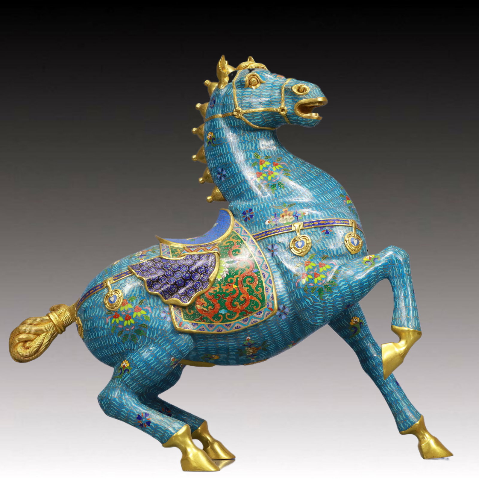 A Huge Cloisonne Flower and Dragon Pattern Horse Ornament: A Huge Cloisonne Flower and Dragon Pattern Horse Ornament, Qing Dynasty, China, Qianlong Four-character Mark, Size:22inx7.5inx21.7in, Weight:14650g 景泰蓝花卉龙 