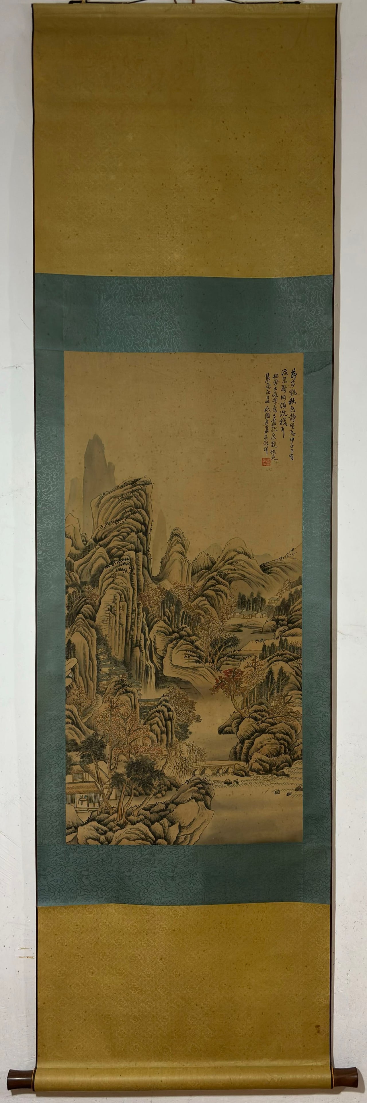 A Chinese Vertical Scroll Ink Painting of Landscape on Silk (1 of 9)
