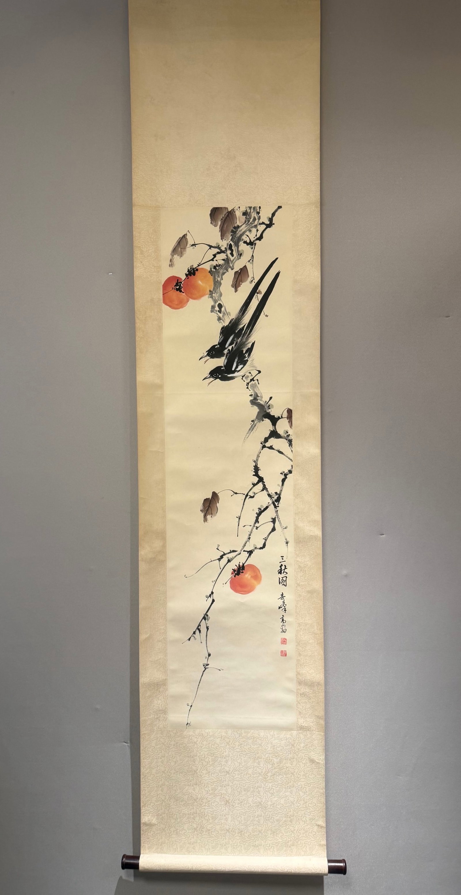 A Chinese Vertical Scroll Ink Painting of Landscape on Paper: A Chinese Vertical Scroll Ink Painting of Landscape on Paper,Gao Qifeng,Size:53.5inx13in 一幅中国水墨山水画立轴,高奇ो