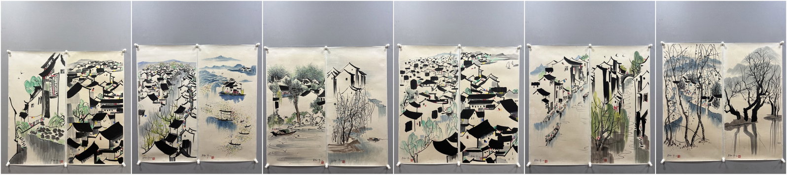 A Set of Chinese Ink Painting of Landscape on Paper: A Set of Chinese Ink Painting of Landscape on Paper,Wu Guanzhong,Size:19.7inx39.4in 一套中国水墨山水画,吴冠中