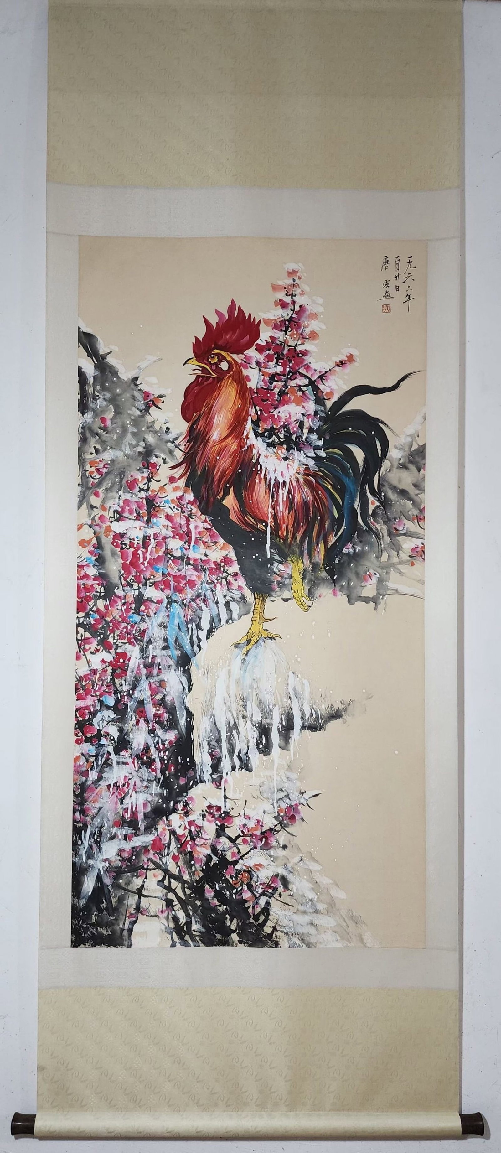 A Chinese Vertical Scroll Ink Painting of Flower and Rooster on Paper: A Chinese Vertical Scroll Ink Painting of Flower and Rooster on Paper,Tang Yun,Size:53.7inx26.6in 一幅中国水墨花卉鸡画立轴,Ù