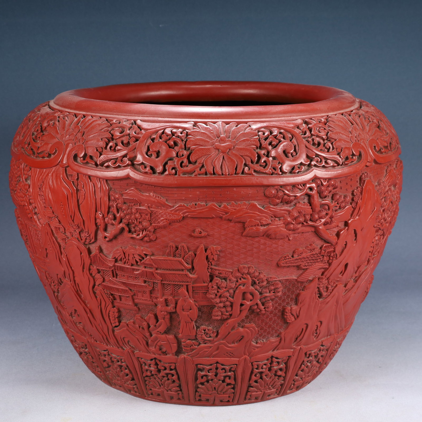 A Huge Carved Red Lacquer Landscape and Figure Pattern Vat: A Huge Carved Red Lacquer Landscape and Figure Pattern Vat,Qing Dynasty, China,Qianlong Six-character Mark,Size:17.3inx13.8in,Weight:9050g 剔红漆山水人物ń