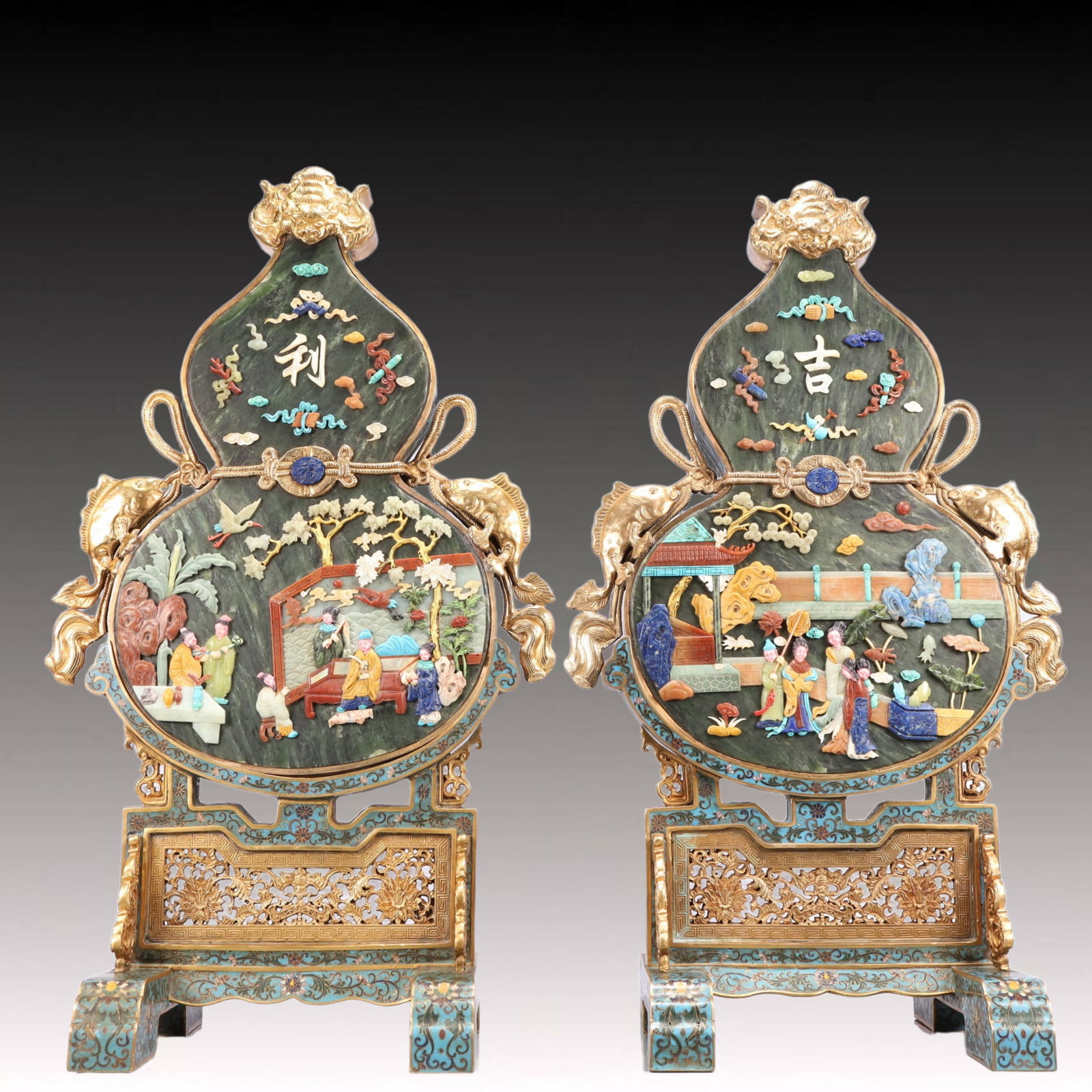 A Pair of Rare Cloisonne Inlaid Gems Character and Story Pattern Gourd-Shaped Table Screens,with: A Pair of Rare Cloisonne Inlaid Gems Character and Story Pattern Gourd-Shaped Table Screens,with poem,Qing Dynasty, China,Qianlong Four-character Mark,Size:15.7inx9.8inx25.6in,Total Weight:19400g 
