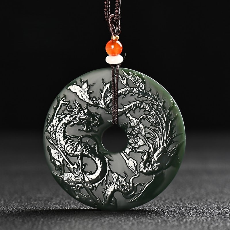 An Exquisite Cyan jade Dragon and Phoenix Pattern Pendant: An Exquisite Cyan jade Dragon and Phoenix Pattern Pendant,Size:2inx0.3in 青玉龙凤纹挂件