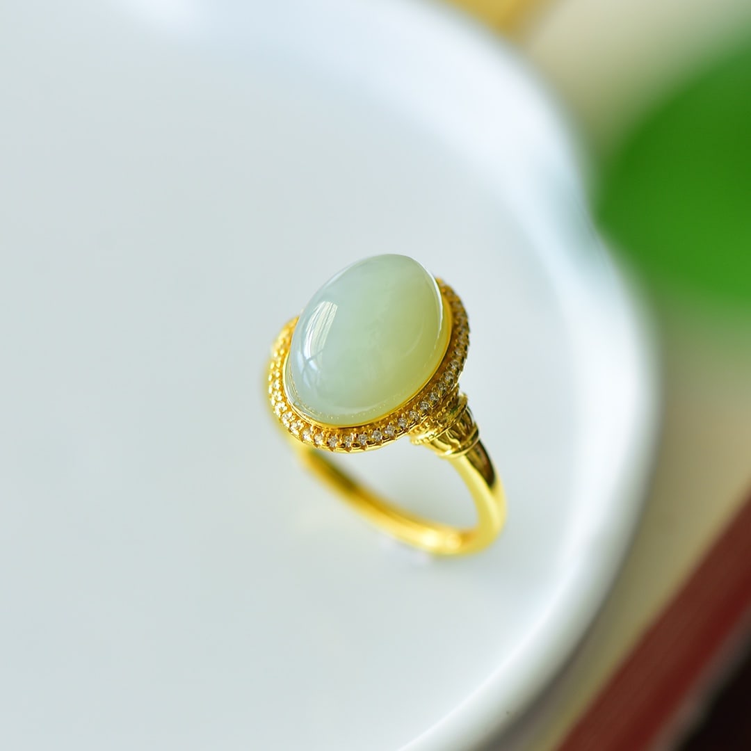 An Exquisite Sterling Silver-Gold Plated Inlaid Greenish Jade Ring,Inlaid Diamond: An Exquisite Sterling Silver-Gold Plated Inlaid Greenish Jade Ring,Inlaid Diamond,Size:0.6inx0.7in 纯银镀金镶青玉戒指,嵌钻石