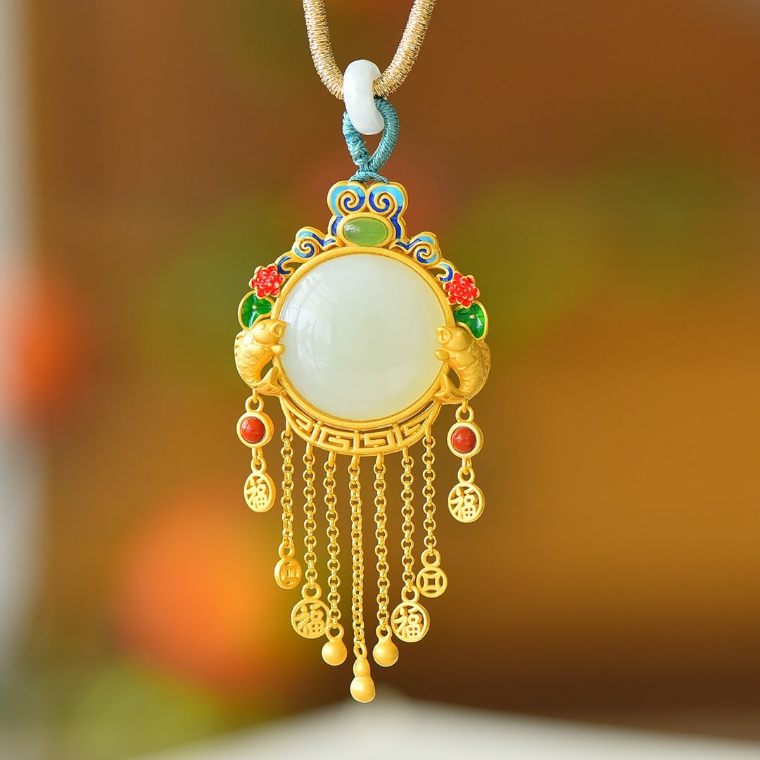 An Exquisite Sterling Silver-Gold Plated Inlaid White Jade Enamel Pendant: An Exquisite Sterling Silver-Gold Plated Inlaid White Jade Enamel Pendant 纯银镀金镶白玉珐琅吊坠